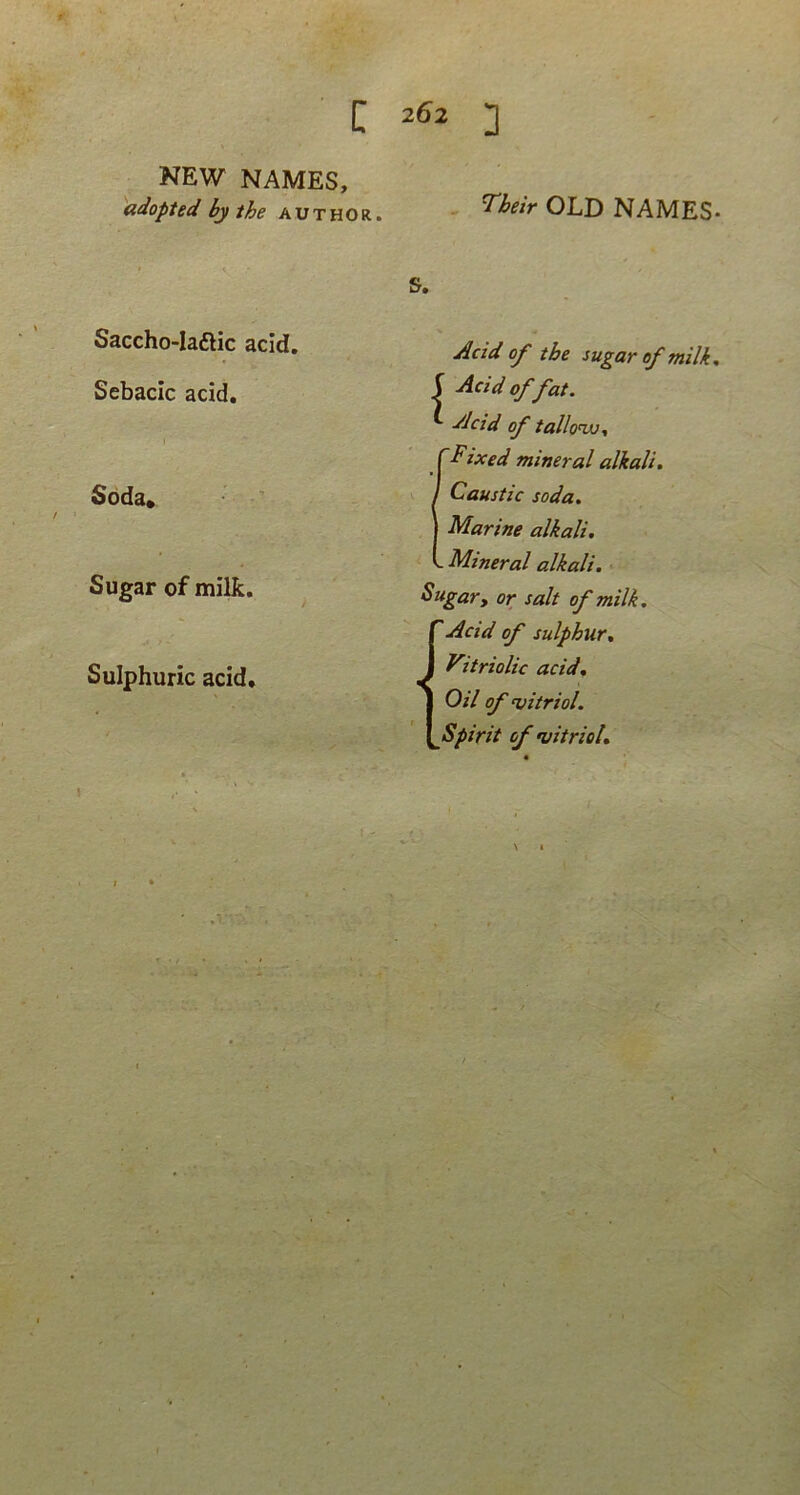 NEW NAMES, adopted bythe author. Saccho-Iaftic acid. Sebacie acid, Soda, Sugar ofmilk. Sulphuric acid. neir OLD NAMES- s. Acid of tbe sugar ofmilk, f Acid of fat. //: Acid of tallonxj, Fixed mineral alkali. Caustic soda. Marine alkali. ^ Miner al alkali. Sugar, or salt ofmilk. {Acid of sulphur. Vitriolic acid. Oil of vitriol. Spirit of •vitriol.