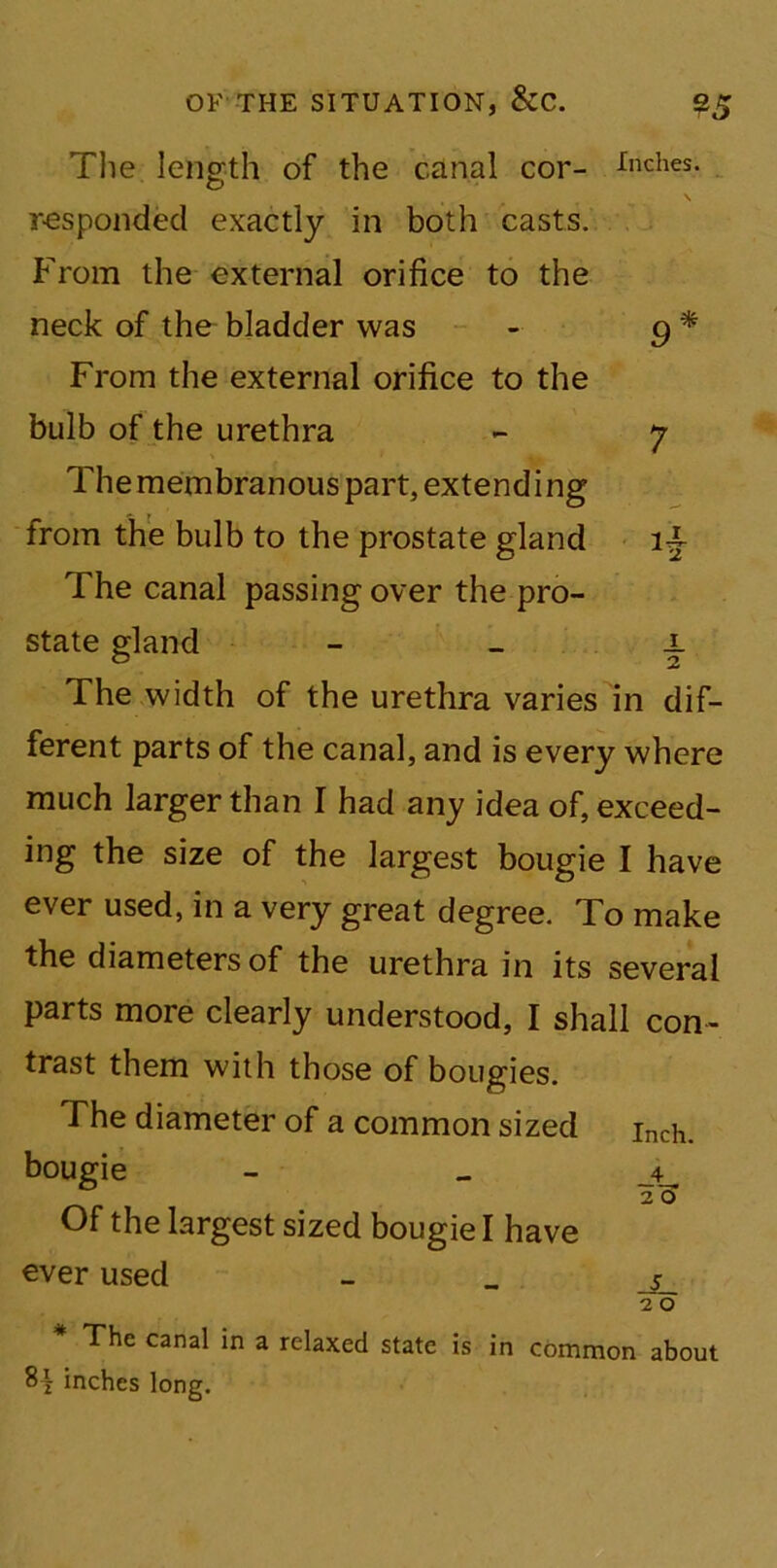 The length of the canal cor- inches. © \ responded exactly in both casts. From the external orifice to the neck of the bladder was - g * From the external orifice to the bulb of the urethra - y Themembranouspart, extending from the bulb to the prostate gland The canal passing over the pro- state gland x The width of the urethra varies in dif- ferent parts of the canal, and is every where much larger than I had any idea of, exceed- ing the size of the largest bougie I have ever used, in a very great degree. To make the diameters of the urethra in its several parts more clearly understood, I shall con- trast them with those of bougies. The diameter of a common sized inch. bougie - _ _4_ Of the largest sized bougie I have ever used - _ 2 O * The canal in a relaxed state is in common about 8| inches long.
