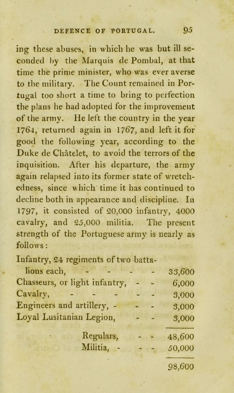 iiig these abuses, in which he was but ill se- conded l>y the ^^a^quis de Pombal, at that time the prime minister, who was ever averse to tlie military. The Count remained in Por- tugal too short a time to bring to perfection the plans he had adopted for the improvement of the army. He left the country in the year 1764, returned again in I767, and left it for good the following year, according to the Duke de Chatelet, to avoid the terrors of the inquisition. After his departure, the army again relapsed into its former state of wretch- edness, since which'time it has continued to decline both in appearance and discipline. In 1797, it consisted of 20,000 infantry, 4000 cavalry, and 25,000 militia. The present strength of the Portuguese army is nearly as follows: Infantry, 24 regiments of two batta- lions each, - - . _ 33,600 Chasseurs, or light infantry, - - 6,000 Cavalry, ----- 3^000 Engineers and artillery, - - - 3,000 Loyal Lusitanian Legion, - - 3,000 Regulars, - - 48,600 Militia, - - - 50,000 98,600