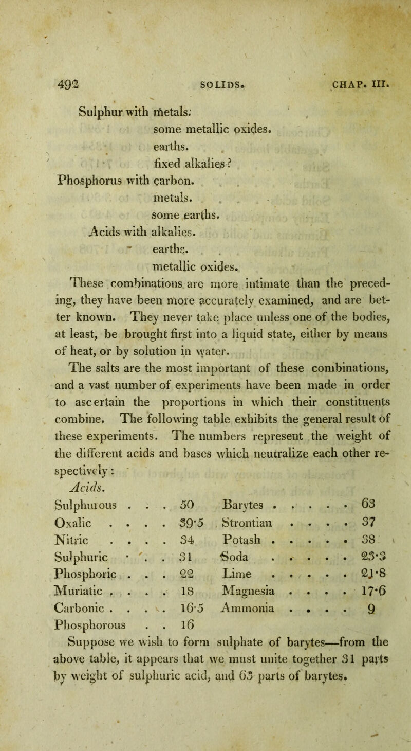 Sulphur with nfietals. some metallic oxides, earths. fixed alkalies ? Phosphorus with carbon. metals, some earths. Acids with alkalies. earths. metallic oxides. These combinations are more intimate than the preced- ing, they have been more accurately examined, and are bet- ter known. They never take place unless one of the bodies, at least, be brought first into a liquid state, either by means of heat, or by solution in water. The salts are the most important of these combinations, and a vast number of experiments have been made in order to ascertain the proportions in which their constituents combine. The following table exhibits the general result of these experiments. The numbers represent the weight of the different acids and bases which neutralize each other re- spectively : Acids. Sulphurous . . 50 Barytes . . . 63 Oxalic . . . 39*5 Strontian . . 37 Nitric . . . . 34 Potash . . . . . 38 Sulphuric • . 31 Soda . .- . . . 23-3 Phosphoric . . . 22 Lime . . 2J-8 Muriatic , . . . 13 Magnesia . . . . 17*6 Carbonic . . . . 16-5 Ammonia . • • • 9 Phosphorous . 16 Suppose we wish to form sulphate of barytes—from the above table, it appears that we must unite together 31 parts by weight of sulphuric acid, and Go parts of barytes.