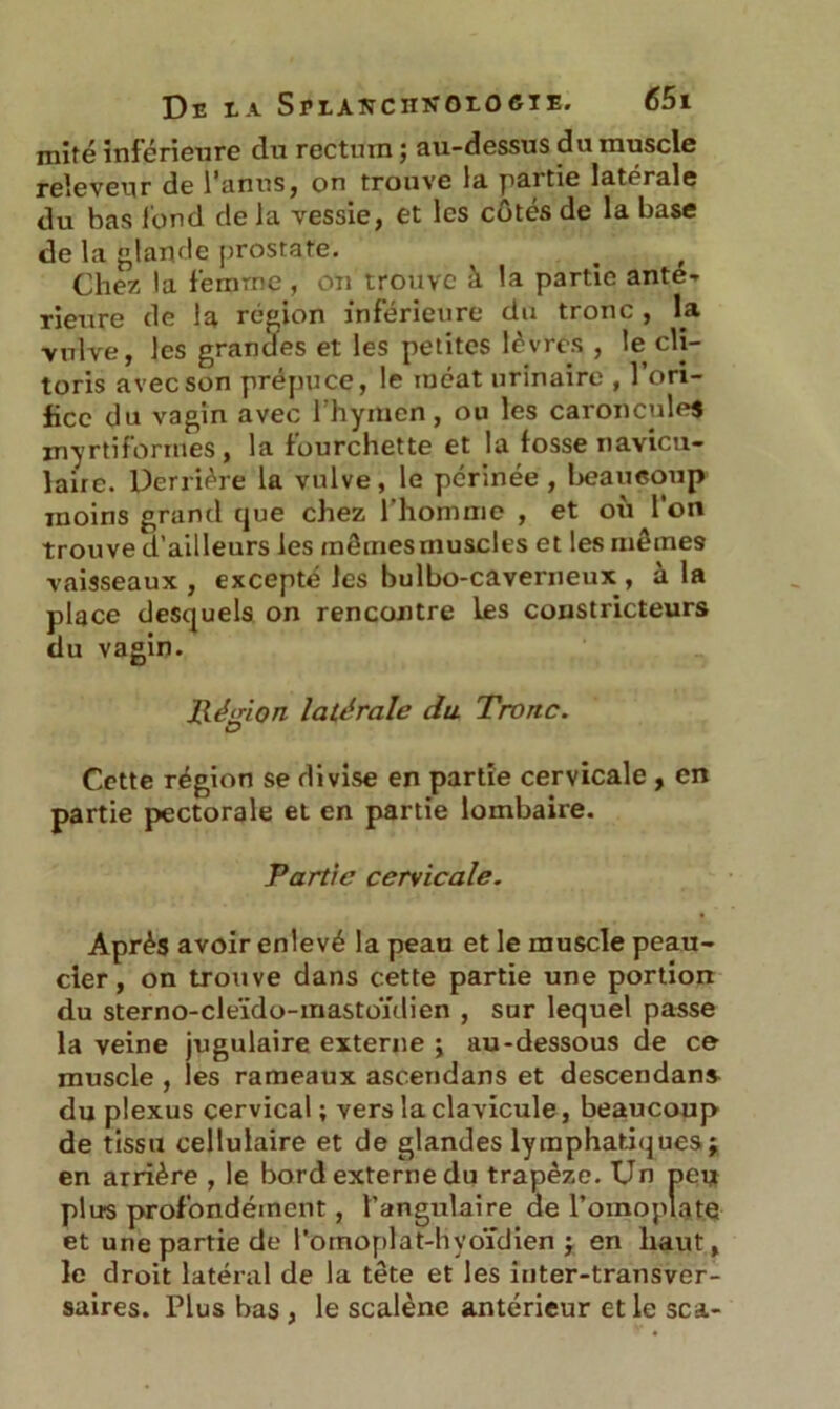 mité inférieure du rectum ; au-dessus du muscle receveur de l'anus, on trouve la paitie latérale du bas fond de la vessie, et les côtés de la base de la glande prostate. ^ _ Chez la femme , on trouve à la partie ante- rieure de la région inférieure du tronc , la vulve, les grandes et les petites lèvres , le cli- toris avec son prépuce, le méat urinaire , l’ori- fice du vagin avec l'hymen , ou les caroncules myrtiforrnes, la fourchette et la fosse navicu- laire. Derrière la vulve, le périnée , beaucoup moins grand que chez l'homme , et où l'on trouve d’ailleurs les mêmes muscles et les mêmes vaisseaux , excepté les bulbo-caverneux , à la place desquels on rencontre les constricteurs du vagin. Région latérale du Tronc. Cette région se divise en partie cervicale , en partie pectorale et en partie lombaire. Partie cervicale. Après avoir enlevé la peau et le muscle peau- cier, on trouve dans cette partie une portion du sterno-cleïdo-mastoïdien , sur lequel passe la veine jugulaire externe ; au-dessous de ce muscle , les rameaux ascendans et descendant du plexus cervical ; vers la clavicule, beaucoup de tissu cellulaire et de glandes lymphatiques; en arrière , le bord externe du trapèze. Un pey plus profondément, l’angulaire de l’omoplate et une partie de l’omoplat-hvoïdien ; en haut, le droit latéral de la tête et les inter-transver- saires. Plus bas , le scalène antérieur et le sca-