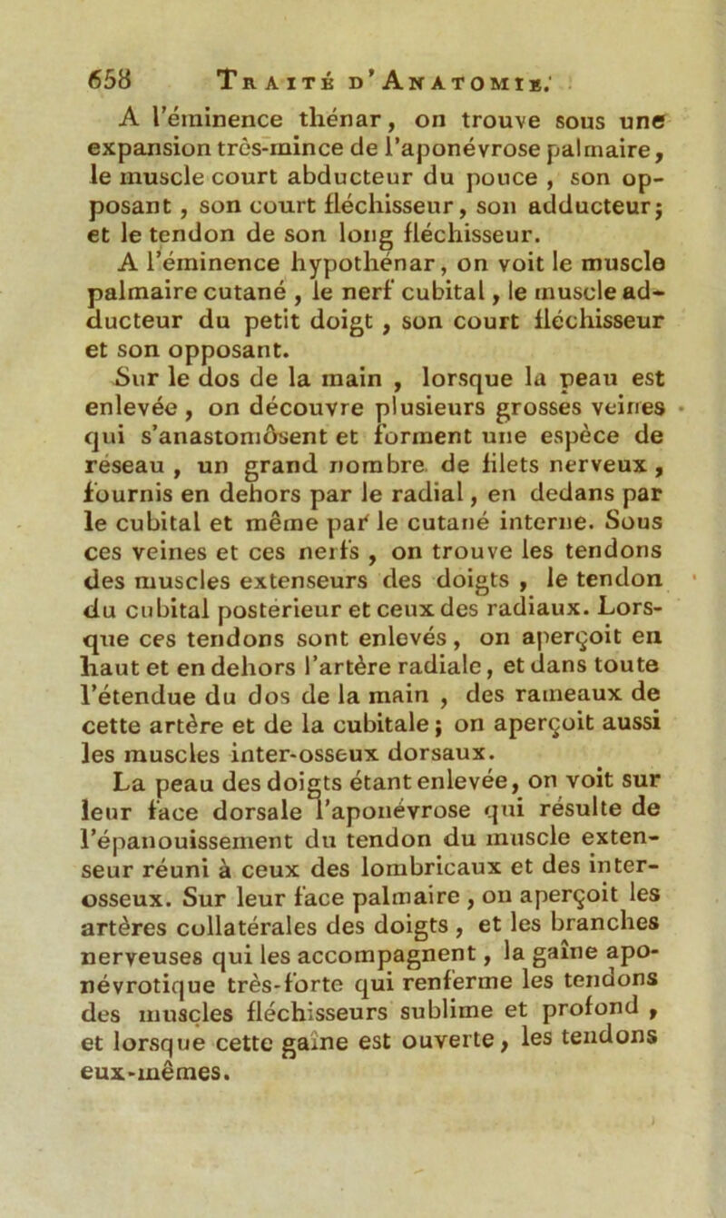 A l’éminence thénar, on trouve sous une expansion très-mince de l’aponévrose palmaire, le muscle court abducteur du pouce , son op- posant , son court fléchisseur, son adducteur; et le tendon de son long fléchisseur. A l’éininence hypothénar, on voit le muscle palmaire cutané , le nerf cubital, le muscle ad- ducteur du petit doigt , son court fléchisseur et son opposant. Sur le dos de la main , lorsque la peau est enlevée , on découvre plusieurs grosses veines qui s'anastomosent et forment une espèce de reseau, un grand nombre de filets nerveux, fournis en dehors par le radial, en dedans par le cubital et même par' le cutané interne. Sous ces veines et ces nerfs , on trouve les tendons des muscles extenseurs des doigts , le tendon du cubital postérieur et ceux des radiaux. Lors- que ces tendons sont enlevés, on aperçoit en haut et en dehors l’artère radiale, et dans toute l’étendue du dos de la main , des rameaux de cette artère et de la cubitale ; on aperçoit aussi les muscles inter-osseux dorsaux. La peau des doigts étant enlevée, on voit sur leur face dorsale l’aponévrose qui résulte de l’épanouissement du tendon du muscle exten- seur réuni à ceux des lombricaux et des inter- osseux. Sur leur face palmaire , on aperçoit les artères collatérales des doigts, et les branches nerveuses qui les accompagnent, la gaine apo- névrotique très-forte qui renferme les tendons des muscles fléchisseurs sublime et profond , et lorsque cette game est ouverte, les tendons eux-mêmes.