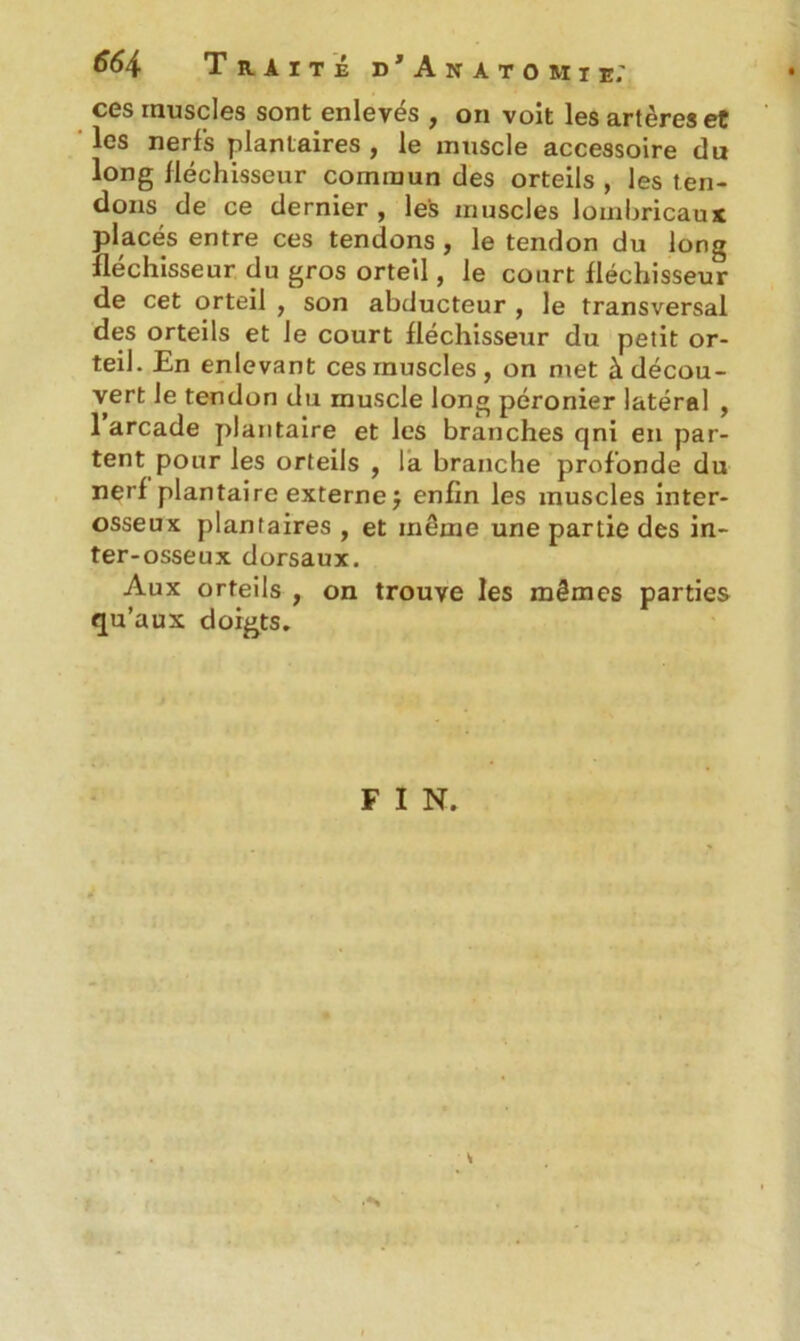 ccs muscles sont enleves , on voit les artères et les nerfs plantaires , le muscle accessoire du long fléchisseur commun des orteils , les ten- dons de ce dernier, les muscles lombricaux placés entre ces tendons , le tendon du long fléchisseur du gros orteil, le court fléchisseur de cet orteil , son abducteur , le transversal des orteils et le court fléchisseur du petit or- teil. En enlevant ces muscles, on met à décou- vert le tendon du muscle long péronier latéral , 1 arcade plantaire et les branches qni en par- tent pour les orteils , la branche profonde du nerf plantaire externe j enfin les muscles inter- osseux plantaires, et même une partie des in- ter-osseux dorsaux. Aux orteils , on trouve les mêmes parties qu’aux doigts. F I N. .-H