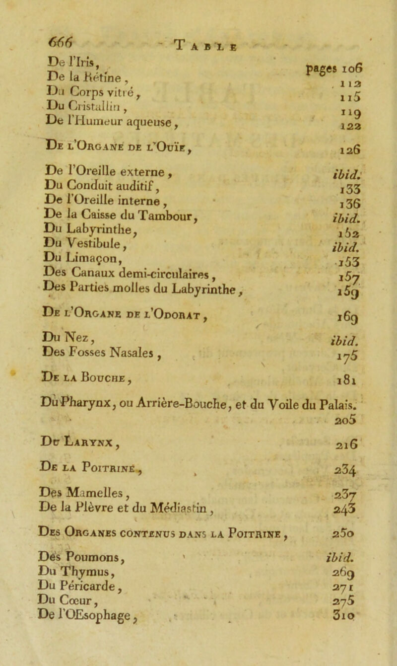 De l’Iris, De la Bétine, Du Corps vitré r Du Cristallin, De l’Humeur aqueuse, pages 106 .113 115 1 *9 122 De l’Organe de l’Ouïe, 126 De l’Oreille externe, Du Conduit auditif, De l’Oreille interne, De la Caisse du Tambour, Du Labyrinthe, Du Vestibule, Du Limaçon, Des Canaux demi-circulaires, Des Parties molles du Labyrinthe, ibid. i33 i36 ibid. 162 ibid. j53 'P i5ç) De l’Organe de l’Odorat , 169 i % ( € Du Nez, Des Fosses Nasales, \ ibid. i?5 De la Bouche , 181 Du Pharynx, ou Arrière-Bouche, et du Voile du Palais. ao5 Du Larynx , 216 De la Poitrine , 234 Des Mamelles, De la Plèvre et du Médias tin, 237 243 Des Organes contenus dans la Poitrine , 2 5o Dés Poumons, ' Du Thymus, Du Péricarde, Du Cœur, De l’OEsophage, ibid. 269 271 375 3io