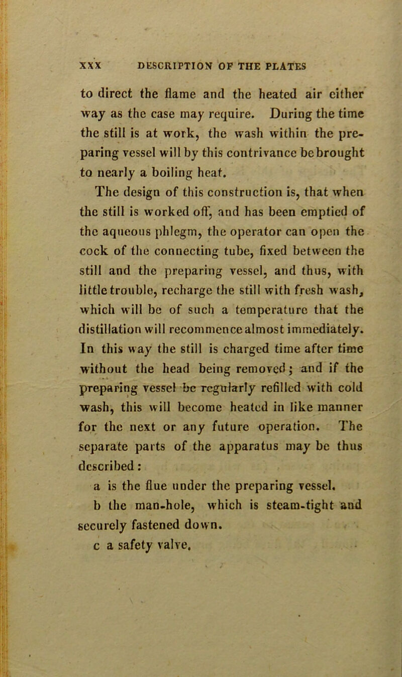 to direct the flame and the heated air cither way as the case may require. During the time the still is at work, the wash within the pre- paring vessel will by this contrivance be brought to nearly a boiling heat. The design of this construction is, that when the still is worked off, and has been emptied of the aqueous phlegm, the operator can open the cock of the connecting tube, fixed between the still and the preparing vessel, and thus, with little trouble, recharge the still with fresh wash, which will be of such a temperature that the distillation will recommence almost immediately. In this way the still is charged time after time without the head being removed; and if the preparing vessel be regularly refilled with cold wash, this will become heated in like manner for the next or any future operation. The separate parts of the apparatus may be thus described: a is the flue under the preparing vessel, b the man-hole, which is steam-tight and securely fastened down, c a safety valve.