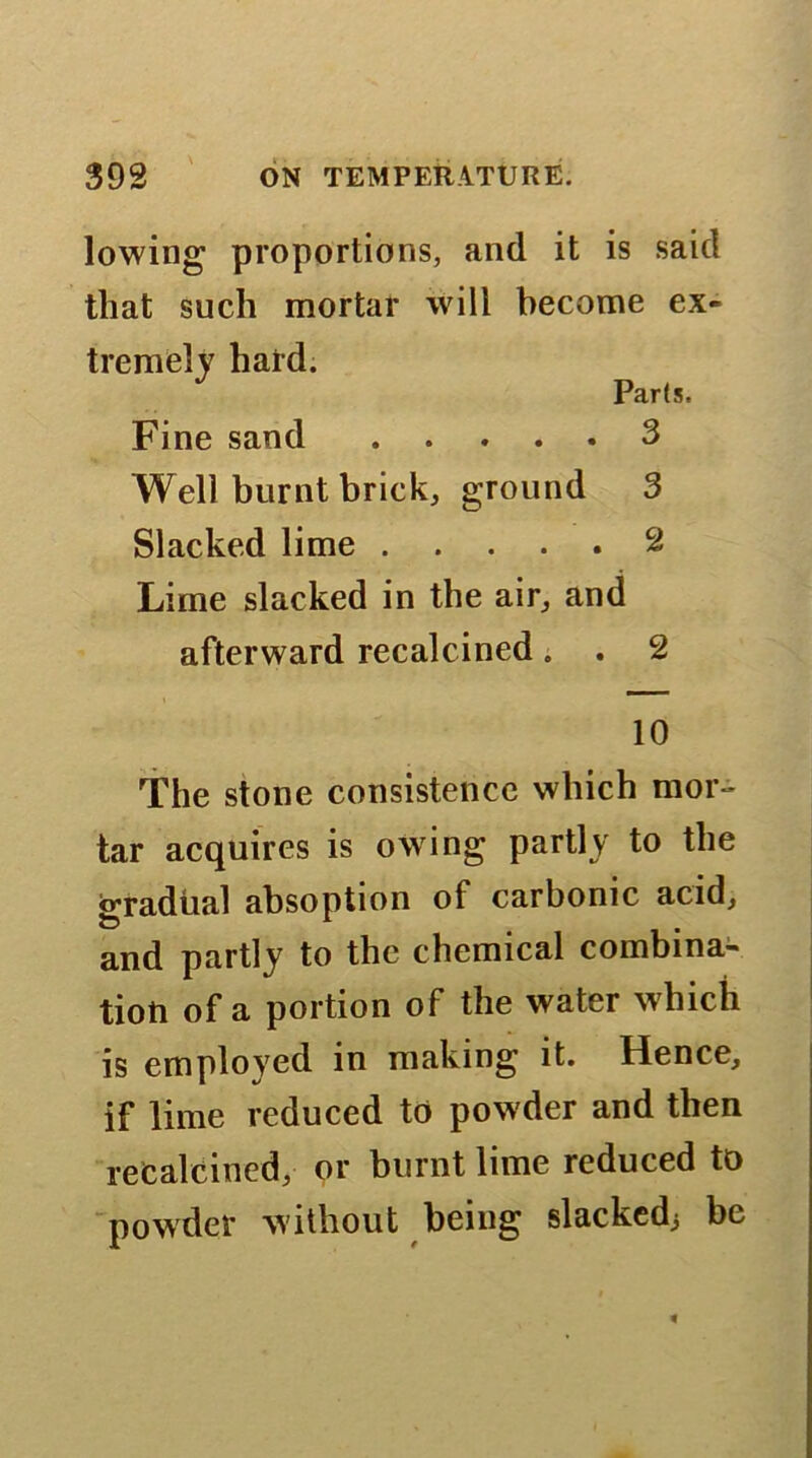 lowing proportions, and it is said that such mortar will become ex- tremely hard. Parts. Fine sand 3 Well burnt brick, ground 3 Slacked lime 2 Lime slacked in the air, and afterward recalcined. . 2 10 The stone consistence which mor- tar acquires is owing partly to the gradual absoption of carbonic acid, and partly to the chemical combina- tion of a portion of the water w'hich is employed in making it. Hence, if lime reduced to powder and then retalcined, or burnt lime reduced to powder without being slacked^ be