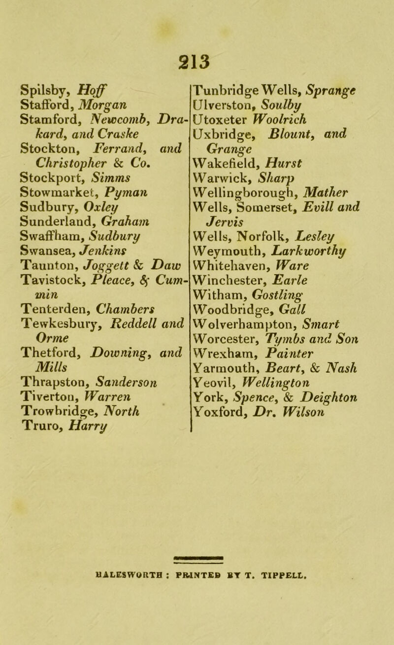 Spilsby, Hoff Stafford, Morgan Stamford, Newcomb, Dra- kard, and Craske Stockton, Ferrand, and Christopher & Co. Stockport, Simms Stowmarket, Pyman Sudbury, Oxley Sunderland, Graham Swaffham, Sudbury Swansea, Jenkins Taunton, Joggett & Daw Tavistock, Pteace, 8^ Cum- min Tenterden, Chambers Tewkesbury, Reddell and Orme Thetford, Downing, and Mills Thrapston, Sayiderson Tiverton, Warren Trowbridge, North Truro, Harry Tunbridge Wells, Sprange Ulverston, Soulby Utoxeter Woolrich Uxbridge, Blount, and Grange Wakefield, Hurst Warwick, Sharp Wellingborough, Mather Wells, Somerset, Evill and Wells, Norfolk, Lesley Weymouth, Larkworthy Whitehaven, Ware Winchester, Earle Witham, Gostling Woodbridge, Gall Wolverhampton, Smart Worcester, Tymbs and Son Wrexham, Painter Yarmouth, Beart, & Nash Yeovil, Wellington York, Spence, & Deighton Yoxford, Dr. Wilson UALESWORTB ; PIUNTEB BT T. TIPPELL,