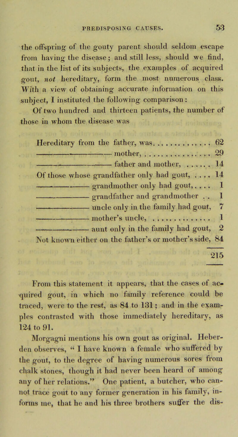 tlie offspriug of the gouty parent should seldom escape from having' the disease; and still less, should we find, that in the list of its subjects, the examples of acquired gout, not hereditary, form the most numerous class. With a view of obtaining accurate information on this subject, I instituted the following comparison: Of two hundred and thirteen patients, the number of those in whom the disease was Hereditary from the father, was 62 — mother, 29 father and mother, ...... 14 Of those whose grandfather only had gout, .... 14 grandmother only had gout,.... 1 o-randfather and grandmother . . 1 uncle only in the family had gout, 7 ; mother’s uncle, 1 aunt only in the family had gout, 2 Not known either on the father’s or mother’s side, 84 215 From this statement it appears, that the cases of ac- quired gout, in which no family reference could be traced, were to the rest, as 84 to 131; and in the exam- ples contrasted with those immediately hereditary, as 124 to 91. Morgagni mentions his own gout as original. Heber- den observes, “ I have known a female who suffered by the gout, to the degree of having numerous sores from chalk stones, though it had never been heard of among any of her relations.” One patient, a butcher, who can- not trace gout to any former generation in his family, in- forms me, that he and his three brothers suffer the dis-