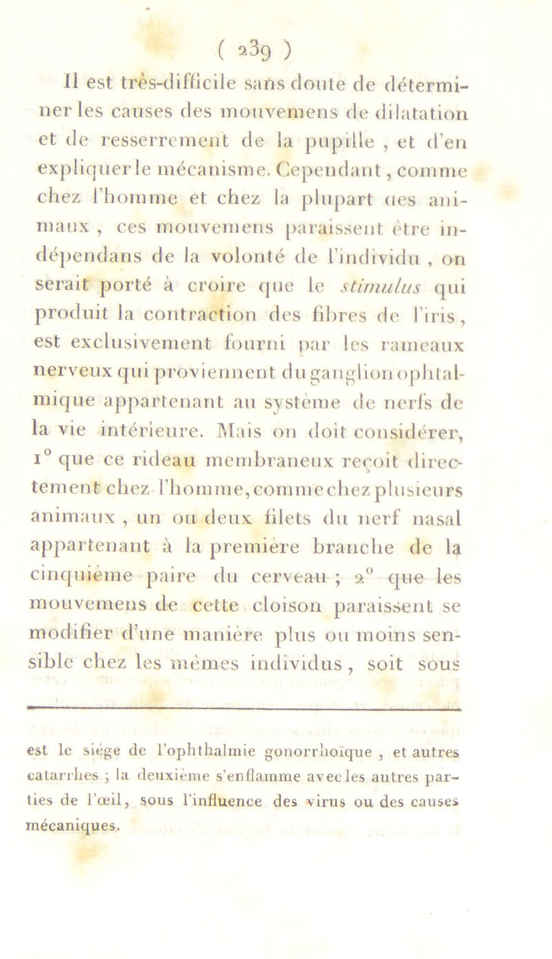 ( *39 ) 11 est très-difficile sans doute de détermi- ner les causes des mouvemens de dilatation et de resserrement de la pupille , et d’en expliquer le mécanisme. Cependant, comme chez l'homme et chez la plupart (tes ani- maux , ces mouvemens paraissent être in- dépendans de la volonté de l’individu , on serait porté à croire que le stimulus qui produit la contraction des fibres de l'iris, est exclusivement fourni par les rameaux nerveux qui proviennent du ganglion ophtal- mique appartenant au système de nerfs de la vie intérieure. Mais on doit considérer, i° que ce rideau membraneux reçoit direc- tement chez l'homme,commechezplusieurs animaux , un ou deux filets du nerf nasal appartenant à la première branche de la cinquième paire du cerveau ; a° que les mouvemens de cette cloison paraissent se modifier d une manière plus ou moins sen- sible chez les mêmes individus, soit sous est le siège de l’ophthalmie gonorrlioïque , et autres catarrhes j la deuxième s’enflamme avec les autres par- ties de l’œil, sous l'influence des virus ou des causes mécaniques.