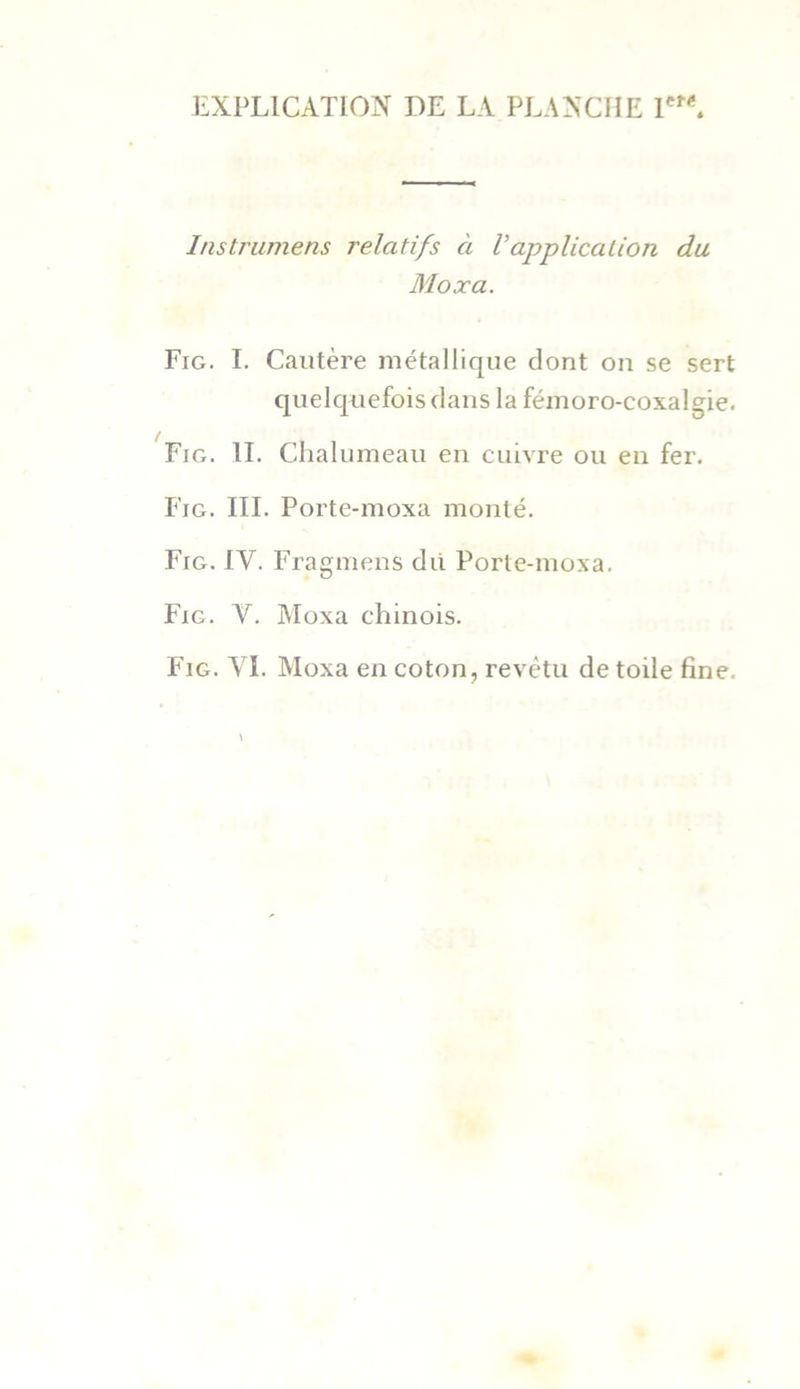 Instrumens relatifs à Vapplication du Moxa. Fig. I. Cautère métallique dont on se sert quelquefois clans la fémoro-coxalgie. Fig. IL Chalumeau en cuivre ou en fer. Fig. III. Porte-moxa monté. Fig. IV. Fragmens dii Porte-moxa. Fig. V. Moxa chinois. Fig. YI. Moxa en coton, revêtu de toile fine.