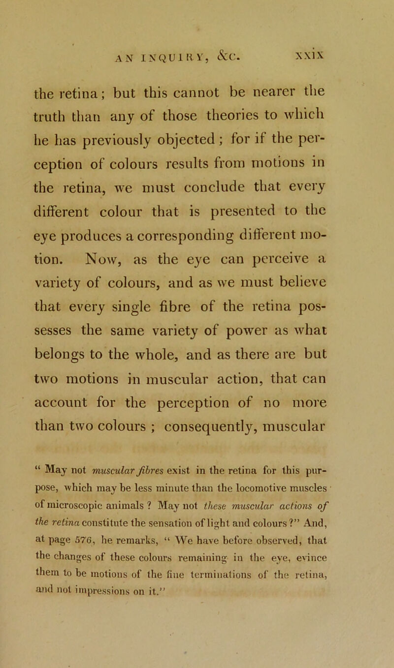 the retina; but this cannot be nearer the truth than any of those theories to which lie has previously objected; for if the per- ception of colours results from motions in the retina, we must conclude that every different colour that is presented to the eye produces a corresponding different mo- tion. Now, as the eye can perceive a variety of colours, and as we must believe that every single fibre of the retina pos- sesses the same variety of power as what belongs to the whole, and as there are but two motions in muscular action, that can account for the perception of no more than two colours ; consequently, muscular “ May not muscular Jibres exist in the retina for this pur- pose, which may he less minute than the locomotive muscles of microscopic animals ? May not these muscular actions of the retma constitute the sensation of light and colours?” And, at page 576, he remarks, “ We have before observed, that the changes of these colours remaining in the eye, evince them to be motions of the fine terminations of the retina, and not impressions on it.”