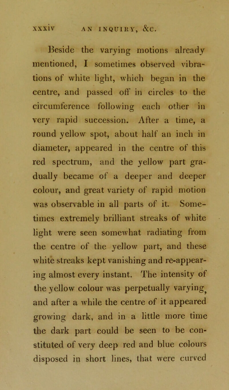 Beside the varying motions already mentioned, I sometimes observed vibra- tions of white light, which began in the centre, and passed off in circles to the circumference following each other in very rapid succession. After a time, a round yellow spot, about half an inch in diameter, appeared in the centre of this red spectrum, and the yellow part gra- dually became of a deeper and deeper colour, and great variety of rapid motion was observable in all parts of it. Some- times extremely brilliant streaks of white light were seen somewhat radiating from the centre of the yellow part, and these white streaks kept vanishing and re-appear- ) ing almost every instant. The intensity of the yellow colour was perpetually varying^ and after a while the centre of it appeared growing dark, and in a little more time the dark part could be seen to be con- stituted of very deep red and blue colours disposed in short lines, that were curved