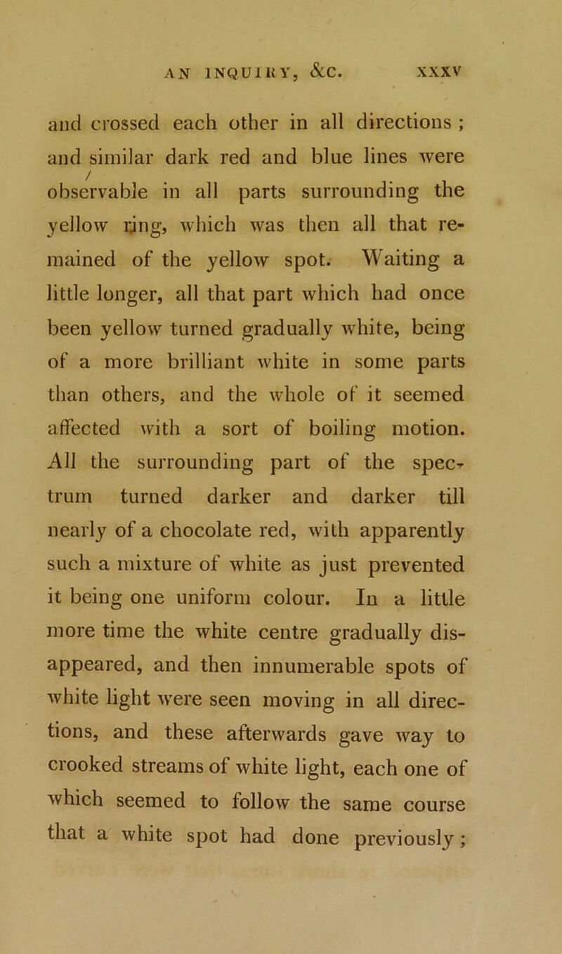 and crossed each other in all directions ; and similar dark red and blue lines were observable in all parts surrounding the yellow rjng, which was then all that re- mained of the yellow spot. Waiting a little longer, all that part which had once been yellow turned gradually white, being of a more brilliant white in some parts than others, and the whole of it seemed affected with a sort of boiling motion. All the surrounding part of the specr truin turned darker and darker till nearly of a chocolate red, with apparently such a mixture of white as just prevented it being one uniform colour. In a little more time the white centre gradually dis- appeared, and then innumerable spots of white light were seen moving in all direc- tions, and these afterwards gave way to crooked streams of white light, each one of which seemed to follow the same course that a white spot had done previously;