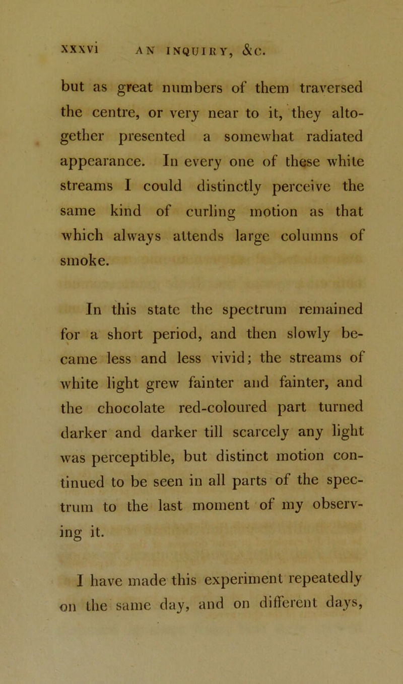 but as great numbers of them traversed the centre, or very near to it, they alto- gether presented a somewhat radiated appearance. In every one of these while streams I could distinctly perceive the same kind of curling motion as that which always attends large columns of smoke. In this state the spectrum remained for a short period, and then slowly be- came less and less vivid; the streams of white light grew fainter and fainter, and the chocolate red-coloured part turned darker and darker till scarcely any light was perceptible, but distinct motion con- tinued to be seen in all parts of the spec- trum to the last moment of my observ- ing it. 1 have made this experiment repeatedly on the same day, and on different days.