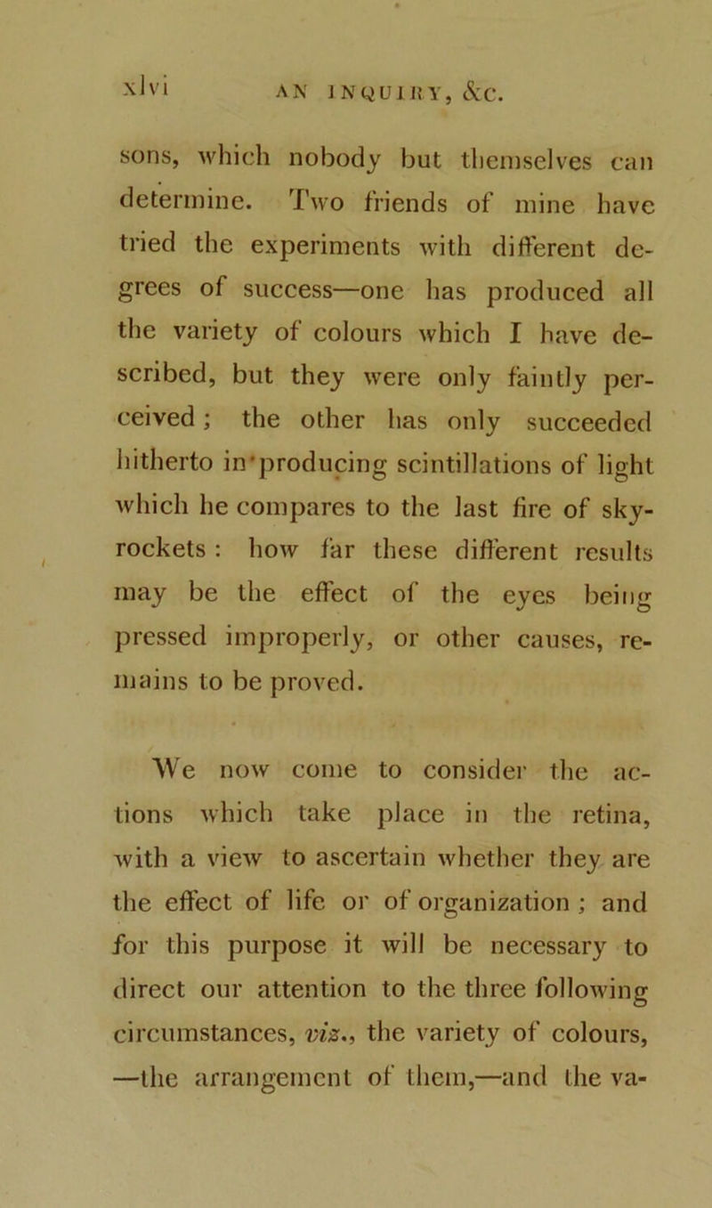 sons, which nobody but themselves can determine. Two friends of mine have tried the experiments with different de- grees of success—one has produced all the variety of colours which I have de- scribed, but they were only faintly per- ceived ; the other has only succeeded hitherto in'producing scintillations of light which he compares to the last fire of sky- rockets : how far these different results may be the effect of the eyes being pressed improperly, or other causes, re- mains to be proved. We now come to consider the ac- tions which take place in the retina, with a view to ascertain whether they are the effect of life or of organization ; and for this purpose it will be necessary to direct our attention to the three following circumstances, vAz.i the variety of colours, —the arrangement of them,—and the va-