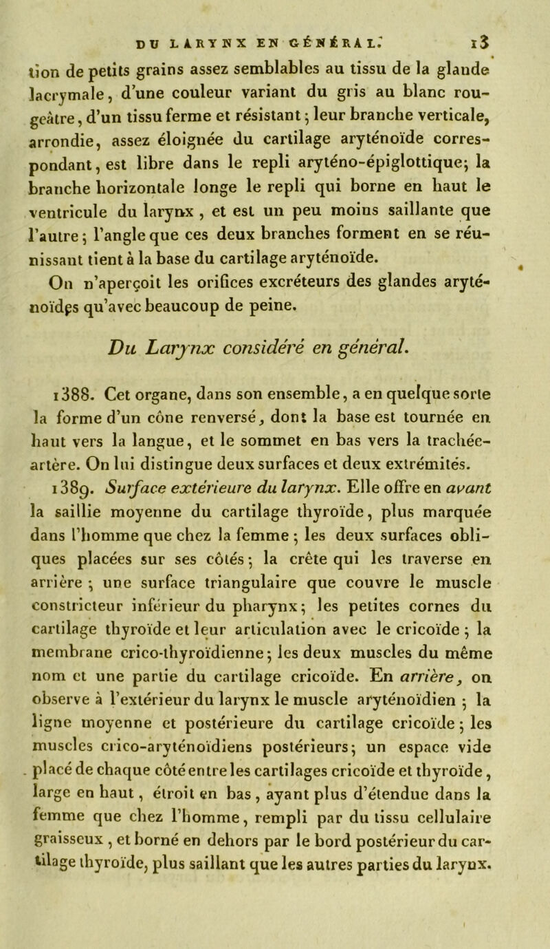 DU LARYNX EN GÉNÉRAL.' l5 lion de petits grains assez semblables au tissu de la glande lacrymale, d’une couleur variant du gris au blanc rou- geâtre, d’un tissu ferme et résistant ; leur branche verticale, arrondie, assez éloignée du cartilage aryténoïde corres- pondant, est libre dans le repli aryténo-épiglottique; la branche horizontale longe le repli qui borne en haut le ventricule du larynx , et est un peu moins saillante que l’autre; l’angle que ces deux branches forment en se réu- nissant tient à la base du cartilage aryténoïde. On n’aperçoit les orifices excréteurs des glandes aryté- noïdes qu’avec beaucoup de peine. Du Larynx considéré en général. 1388. Cet organe, dans son ensemble, a en quelque sorte la forme d’un cône renversé, dont la base est tournée en haut vers la langue, et le sommet en bas vers la trachée- artère. On lui distingue deux surfaces et deux extrémités. 1389. Surface extérieure du larynx. Elle offre en avant la saillie moyenne du cartilage thyroïde, plus marquée dans l’homme que chez la femme ; les deux surfaces obli- ques placées sur ses côtés -, la crête qui les traverse en arrière -, une surface triangulaire que couvre le muscle constricteur inférieur du pharynx ; les petites cornes du cartilage thyroïde et leur articulation avec le cricoïde ; la membrane crico-thyroïdienne ; les deux muscles du même nom et une partie du cartilage cricoïde. En arrière, on observe à l’extérieur du larynx le muscle aryténoïdien ; la ligne moyenne et postérieure du cartilage cricoïde ; les muscles crico-aryténoïdiens postérieurs; un espace vide placé de chaque côté entre les cartilages cricoïde et thyroïde, large en haut, étroit en bas , ayant plus d’étendue dans la femme que chez l’homme, rempli par du tissu cellulaire graisseux , et borné en dehors par le bord postérieur du car- tilage thyroïde, plus saillant que les autres parties du laryux.