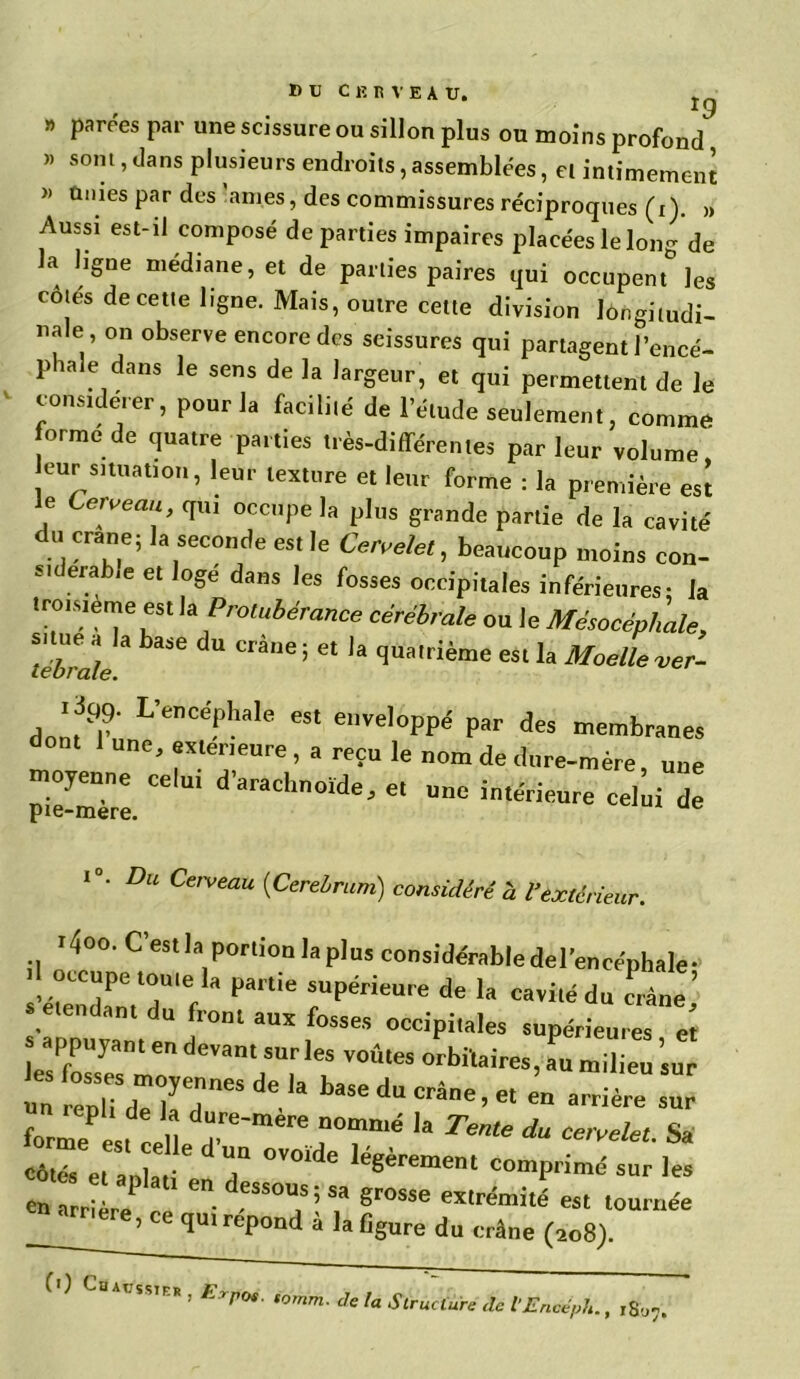 du cerveau. » parées par une scissure ou sillon plus ou moins profond )» sont, dans plusieurs endroits, assemblées, et intimement » unies par des antes, des commissures réciproques (i). » Aussi est-il composé départies impaires placées le long de la ligue médiane, et de parties paires qui occupent* les côtés decette ligne. Mais, outre cette division Jôngitudi- uale on observe encore des seissures qui partagent l’encé- phale dans le sens de la largeur, et qui permettent de le considérer, pour la facilité de l’étude seulement, comme orme de quatre parties très-différentes parleur volume leur situation, leur texture et leur forme : la première esï e Cerveau qui occupe la plus grande partie de la cavité du crâne; la seconde est le Cervelet, beaucoup moins con- su eiabie et loge dans les fosses occipitales inférieures; la troisième est la Protubérance cérébrale ou le Mésocéphale, tébrale * ^ ^ Cràe’ ^ ^ (luatrième est la Moelle 'ver- dom? L’enCe?hale eSt envel°PPé P«r des membranes dont une, extérieure , a reçu le nom de dure-mère, une pie-mère. d’arachnoïde' et intérieure celui de x°. Du Cerveau (Cerehrum) considéré h Vextérieur. t4oo. C’est la portion la plus considérable del'encéphale• 1 occupe toute la partie supérieure de la cavité du crâne’ etendant du front aux fosses occipitales supérieures et « appuyant en devant sur les voûtes orbitaires, au milieu ’sur un replTdT'laT”68 ^ ^ ***** ^ Crâne’ et en arrière ««r pli de la dure-mere nommé la Tente du cervelet. Sa Jt^et^plaV d U]a °VOïde légèrement imprimé sur les en r reP gF°SSe est tournée arriéré, ce qui répond à la figure du crâne (ao8). C ) C0AUSS7ER, Expo», tonim. de la Structuré de l’Encéph., iSo>