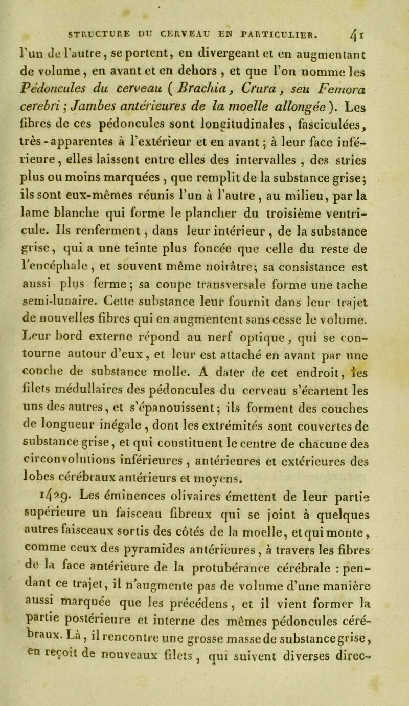 l’un Je l’autre, se portent, en divergeant et en augmentant de volume, en avant et en dehors , et que l’on nomme les Pédoncules du cerveau ( Brachia, Crura, seu Feniora cerebri ; Jambes antérieures de la moelle allongée ). Les libres de ces pédoncules sont longitudinales , fasciculées, très-apparentes à l’extérieur et en avant ; à leur face infé- rieure, elles laissent entre elles des intervalles , des stries plus ou moins marquées , que remplit de la substance grise; ils sont eux-mêmes réunis l’un à l’autre, au milieu, par la lame blanche qui forme le plancher du troisième ventri- cule. Ils renferment, dans leur intérieur , de la substance grise, qui a une teinte plus foncée que celle du reste de l’encéphale, et souvent même noirâtre; sa consistance est aussi plus ferme ; sa coupe transversale forme une tache semi-lunaire. Celle substance leur fournit dans leur trajet de nouvelles fibres qui en augmentent sans cesse le volume. Leur bord externe répond au nerf optique, qui se con- tourne autour d’eux, et leur est attaché en avant par une couche de substance molle. A dater de cet endroit, les filets médullaires des pédoncules du cerveau s’écartent les uns des autres, et s’épanouissent; ils forment des couches de longueur inégale , dont les extrémités sont couvertes de substance grise, et qui constituent le centre de chacune des circonvolutions inférieures , antérieures et extérieures des lobes cérébraux antérieurs et moyens. x429' Les éminences olivaires émettent de leur partie supérieure un faisceau fibreux qui se joint à quelques autres faisceaux sortis des côtés de la moelle, et qui monte, comme ceux des pyramides anterieures, à travers les fibres de la face antérieure de la protubérance cérébrale : pen- dant ce trajet, il n’augmente pas de volume d’une manière aussi marquée que les précédens, et il vient former la partie postérieure et interne des mêmes pédoncules céré- braux. Là, il rencontre une grosse masse de substance grise, en reçoit de nouveaux filets , qui suivent diverses direc-