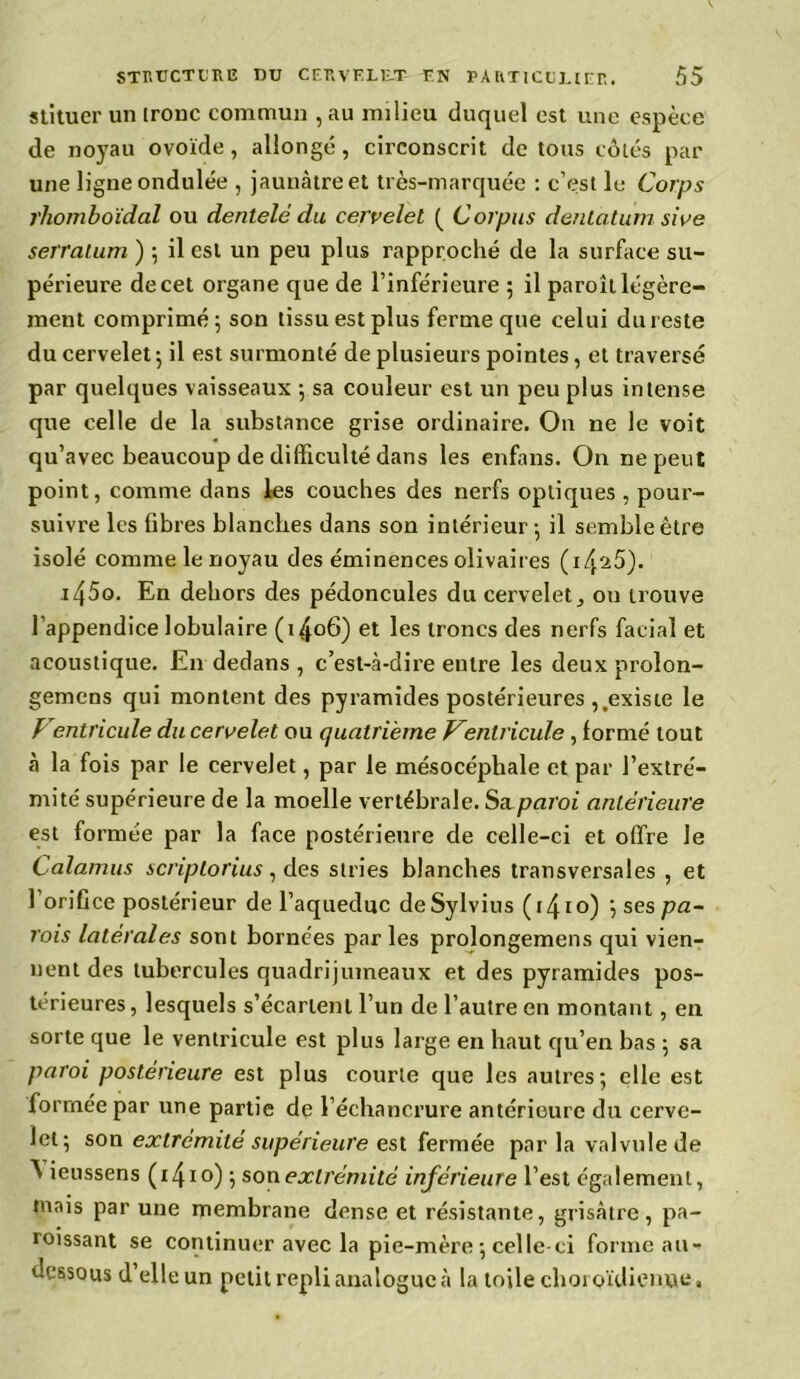 stitucr un irouc commun , au milieu duquel est une espèce de no)rau ovoïde, allongé, circonscrit de tous côtés par une ligne ondulée , jauncàtreet très-marquée : c’est le Corps rhomboïdal ou dentelé du cervelet ( Corpus dentatum sive serratum ) ; il est un peu plus rapproché de la surface su- périeure de cet organe que de l’inférieure ; il paroît légère- ment comprimé; son tissu est plus ferme que celui dureste du cervelet; il est surmonté de plusieurs pointes, et traversé par quelques vaisseaux ; sa couleur est un peu plus intense que celle de la substance grise ordinaire. On ne le voit qu’avec beaucoup de difficulté dans les enfans. On ne peut point, comme dans les couches des nerfs optiques, pour- suivre les fibres blanches dans son intérieur; il semble être isolé comme le noyau des éminences olivaires (i4'a5). i45o. En dehors des pédoncules du cervelet, ou trouve l’appendice lobulaire (1406) et les troncs des nerfs facial et acoustique. En dedans , c’est-à-dire entre les deux prolon- gemens qui montent des pyramides postérieures ,.existe le P entricule du cervelet ou quatrième Ventricule , formé tout à la fois par le cervelet, par le mésocéphale et par l’extré- mité supérieure de la moelle vertébrale. Saparoi antérieure est formée par la face postérieure de celle-ci et offre le Calamus scriptorius, des stries blanches transversales , et l’orifice postérieur de l’aqueduc deSylvius (i4io) ; se s pa- rois latérales sont bornées parles prolongemens qui vien- nent des tubercules quadrijumeaux et des pyramides pos- térieures , lesquels s’écartent l’un de l’autre en montant, en sorte que le ventricule est plus large en haut qu’en bas ; sa paroi postérieure est plus courte que les autres; elle est formée par une partie de l’échancrure antérieure du cerve- let; son extrémité supérieure est fermée par la valvule de ^ ieussens (i4io) ; son extrémité inférieure l’est également, mais par une membrane dense et résistante, grisâtre, pa- roissant se continuer avec la pie-mère ; celle-ci forme au- dessous d’elle un petit repli analogue à la toile choroïdienue .