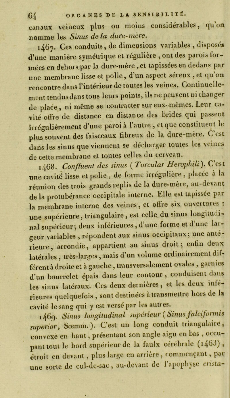 canaux veineux plus ou moins considérables, qu’on nomme les Sinus delà dure-mère. 1467. Ces conduits, de dimeusions variables , disposés d’une manière symétrique et régulière , ont des parois for- mées en dehors par la dure-mère, et tapissées en dedans par une membrane lisse et polie, d un aspect sereux , et qu on rencontre dans l’intérieur de toutes les veines. Continuelle- ment tendus dans tous leurs points, ils ne peuvent ni changer de place, ni même se contracter sur eux-mêmes. Leur ca- vité offre de distance en distance des brides qui passent irrégulièrement d’une paroi à l’autre , et que constituent le plus souvent des faisceaux fibreux de la dure-mère. C’est dans les sinus que viennent se décharger toutes les veines de celte membrane et toutes celles du cerveau. 1468. Confluent des sinus ( Torcular Herophili). C’est une cavité lisse et polie , de forme irrégulière , placée à la réunion des trois grands replis de la dure-mère, au-devant delà protubérance occipitale interne. Elle est tapissée par la membrane interne des veines, et oflre six ouvertures : une supérieure, triangulaire, est celle du sinus longitudi- nal supérieur 5 deux inférieures , d’une forme et d’une lar- geur variables , répondent aux sinus occipitaux; une anté- rieure, arrondie, appartient au sinus droit; enfin deux latérales , très-larges , mais d’un volume ordinairement dif- férent à droite et à gauche, transversalement ovales , garnies d’un bourrelet épais dans leur contour, conduisent dans les sinus latéraux. Ces deux dernières, et les deux infe- rieures quelquefois , sont destinées à transmettre hors de la cavité le sang qui y est versé par les autres. 1469. Sinus longitudinal supérieur {Sinus falciformis superior, Soemm. ). C’est un long conduit triangulaire, convexe en haut, présentant son angle aigu en bas , occu- pant tout le bord supérieur de la faulx cérébrale (i4C3) , étroit en devant, plus large en arrière, commençant, par une sorte de cul-dc-sac, au-devant de l’apophyse crisla-