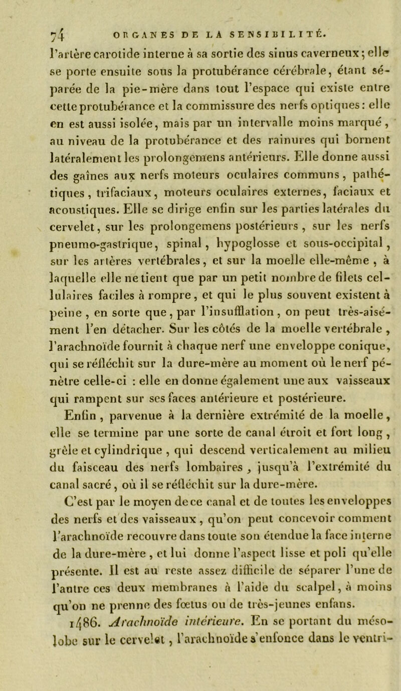 Tarière carotide interne à sa sortie des sinus caverneux ; elle se porte ensuite sous la protubérance cérébrale, étant sé- parée de la pie-mère dans tout l’espace qui existe entre cette protubérance et la commissure des nerfs optiques : elle en est aussi isolée, mais par un intervalle moins marqué , au niveau de la protubérance et des rainures qui bornent latéralement les prolongemens antérieurs. Elle donne aussi des gaines aux nerfs moteurs oculaires communs, pathé- tiques , trifaciaux, moteurs oculaires externes, faciaux et acoustiques. Elle se dirige enfin sur les parties latérales du cervelet, sur les prolongemens postérieurs, sur les nerfs pneumo-gastrique, spinal, hypoglosse et sous-occipital, sur les artères vertébrales, et sur la moelle elle-même , à laquelle elle ne tient que par un petit nombre de filets cel- lulaires faciles à rompre, et qui le plus souvent existent à peine , en sorte que, par l’insufflation, on peut très-aisé- ment Ten détacher. Sur les côtés de la moelle vertébrale , l’arachnoïde fournit à chaque nerf une enveloppe conique, qui se réfléchit sur la dure-mère au moment où le nerf pé- nètre celle-ci : elle en donne également une aux vaisseaux qui rampent sur ses faces antérieure et postérieure. Enfin , parvenue à la dernière extrémité de la moelle, elle se termine par une sorte de canal étroit et fort long , grêle et cylindrique , qui descend verticalement au milieu du faisceau des nerfs lombaires , jusqu’à l’extrémité du canal sacré, où il se réfléchit sur la dure-mère. C’est par le moyen de ce canal et de toutes les enveloppes des nerfs et des vaisseaux , qu’on peut concevoir comment l’arachnoïde recouvre dans toute son étendue la lace interne de la dure-mère , et lui donne l’aspect lisse et poli qu’elle présente. Il est au reste assez difficile de séparer Tune de l’antre ces deux membranes à l’aide du scalpel, à moins qu’on ne prenne des foetus ou de très-jeunes enfans. i486. Arachnoïde intérieure. En se portant du méso- lobe sur le cervelet, l’arachnoïde s’enfonce dans leventri-