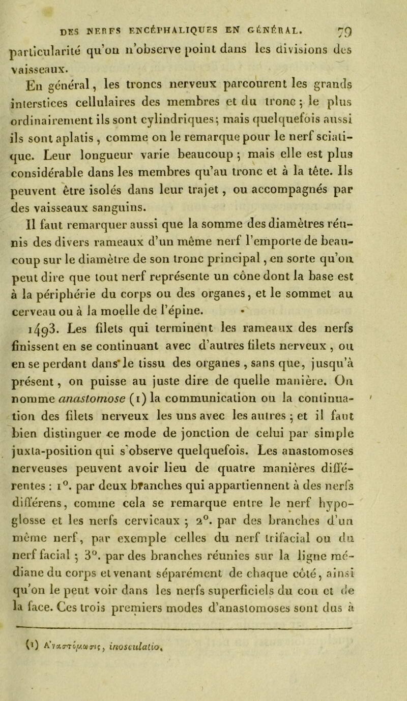 particularité qu’ou n’observe point dans les divisions des vaisseaux. Eu général, les troncs nerveux parcourent les grands interstices cellulaires des membres et du tronc ; le plus ordinairement ils sont cylindriques; mais quelquefois aussi ils sont aplatis , comme on le remarque pour le nerf sciati- que. Leur longueur varie beaucoup ; mais elle est plus considérable dans les membres qu’au tronc et à la tête. Us peuvent être isolés dans leur trajet, ou accompagnés par des vaisseaux sanguins. Il faut remarquer aussi que la somme des diamètres réu- nis des divers rameaux d’un même nerf l’emporte de beau- coup sur le diamètre de son tronc principal, en sorte qu’on peut dire que tout nerf représente un cône dont la base est à la périphérie du corps ou des organes, et le sommet au cerveau ou à la moelle de l’épine. ]493. Les filets qui terminent les rameaux des nerfs finissent en se continuant avec d’autres filets nerveux , ou en se perdant dans'le tissu des organes , sans que, jusqu’à présent, on puisse au juste dire de quelle manière. On nomme anastomose (1) la communication ou la continua- tion des filets nerveux les uns avec les autres ; et il faut bien distinguer ce mode de jonction de celui par simple juxta-position qui s'observe quelquefois. Les anastomoses nerveuses peuvent avoir lieu de quatre manières diffé- rentes : i°. par deux branches qui appartiennent à des nerfs difïérens, comme cela se remarque entre le nerf hypo- glosse et les nerfs cervicaux ; 20. par des branches d’un même nerf, par exemple celles du nerf trifacial ou du nerf facial ; 3°. par des branches réunies sur la ligne mé- diane du corps et venant séparément de chaque côté, ainsi qu’on le peut voir dans les nerfs superficiels du cou et de la face. Ces trois premiers modes d’anastomoses sont dus à