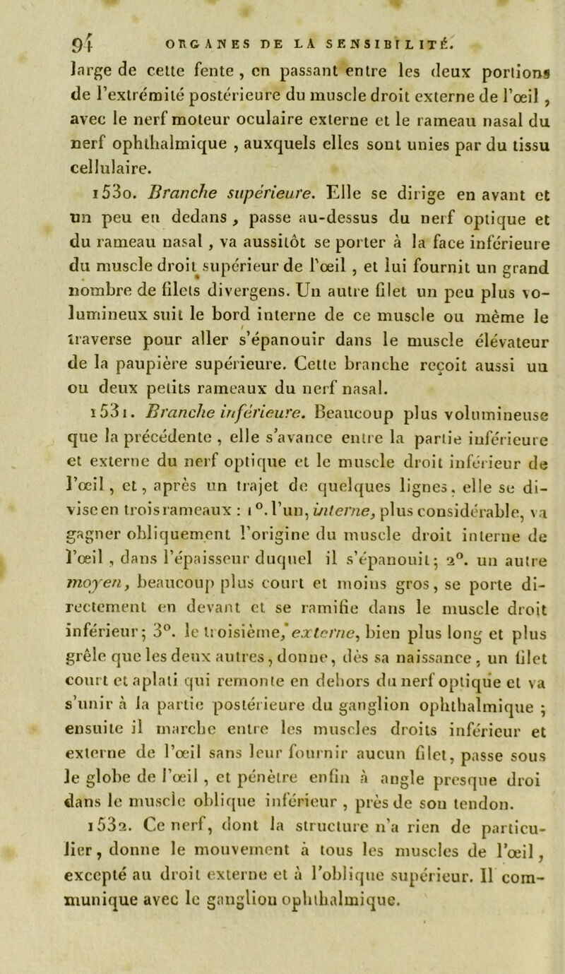 large de celte fente , en passant entre les deux portions «le l’extrémité postérieure du muscle droit externe de l’oeil , avec le nerf moteur oculaire externe et le rameau nasal du nerf ophthalmique , auxquels elles sont unies par du tissu cellulaire. 1530. Branche supérieure. Elle se dirige en avant et un peu en dedans , passe au-dessus du nerf optique et du rameau nasal , va aussitôt se porter à la face inférieure du muscle droit supérieur de l'œil , et lui fournit un grand nombre de filets divergens. Un autre filet un peu plus vo- lumineux suit le bord interne de ce muscle ou même le traverse pour aller s’épanouir dans le muscle élévateur de la paupière supérieure. Cette branche reçoit aussi uu ou deux petits rameaux du nerf nasal. 1531. Branche inférieure. Beaucoup plus volumineuse que la précédente , elle s’avance entre la partie inférieure et externe du nerf optique et le muscle droit inférieur de l’œil, et, après un trajet de quelques lignes, elle se di- vise en trois rameaux : i °. l’un, interne, plus considérable, a a gagner obliquement l’origine du muscle droit interne de l’œil , dans l’épaisseur duquel il s’épanouit; i°. un autre moyen, beaucoup plus court et moins gros, se porte di- rectement en devant et se ramifie dans le muscle droit inférieur; 3°. le troisième, externe, bien plus long et plus grêle que les deux autres, donne, dès sa naissance, un blet court et aplati qui remonte en dehors du nerf optique cl va s’unir à la partie postérieure du ganglion ophthalmique ; ensuite il marche entre les muscles droits inférieur et externe de l’œil sans leur fournir aucun filet, passe sous le globe de l’œil , et pénètre enfin à angle presque droi dans le muscle oblique inférieur , près de son tendon. 1532. Ce nerf, dont la structure n’a rien de particu- lier, donne le mouvement à tous les muscles de l’œil, excepté au droit externe et à l’oblique supérieur. 11 com- munique ayec le gangliou ophthalmique.