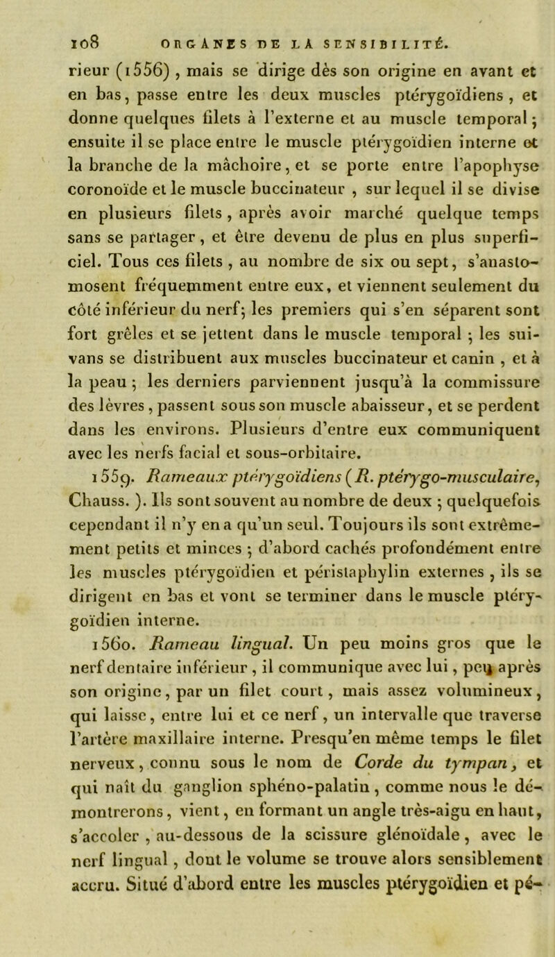 rieur (1556) , mais se dirige dès son origine en avant et en bas, passe entre les deux muscles ptérygoïdiens , et donne quelques filets à l’externe et au muscle temporal ; ensuite il se place entre le muscle ptérygoïdien interne ot la branche de la mâchoire, et se porte entre l'apophyse coronoïde et le muscle buccinateur , sur lequel il se divise en plusieurs filets , après avoir marché quelque temps sans se partager, et être devenu de plus en plus superfi- ciel. Tous ces filets , au nombre de six ou sept, s’anasto- mosent fréquemment entre eux, et viennent seulement du côté inférieur du nerf; les premiers qui s’en séparent sont fort grêles et se jettent dans le muscle temporal ; les sui- vans se distribuent aux muscles buccinateur et canin , et à la peau ; les derniers parviennent jusqu’à la commissure des lèvres , passent sous son muscle abaisseur, et se perdent dans les environs. Plusieurs d’entre eux communiquent avec les nerfs facial et sous-orbitaire. 1559. Rameaux ptérygoïdiens ( R. ptér)rgo-musculaire, Chauss. ). Ils sont souvent au nombre de deux ; quelquefois cependant il n’y en a qu’un seul. Toujours ils sont extrême- ment petits et minces ; d’abord cachés profondément entre les muscles ptérygoïdien et périslaphylin externes , ils se dirigent en bas et vont se terminer dans le muscle ptéry- goïdien interne. 1560. Rameau lingual. Un peu moins gros que le nerf dentaire inférieur , il communique avec lui, peij après son origine, par un filet court, mais assez volumineux, qui laisse, entre lui et ce nerf, un intervalle que traverse l’artère maxillaire interne. Presqu’en même temps le filet nerveux, connu sous le nom de Corde du tympan, et qui naît du ganglion sphéno-palatiu , comme nous le dé- montrerons , vient, en formant un angle très-aigu en haut, s’accoler , au-dessous de la scissure glénoïdale, avec le nerf lingual , dout le volume se trouve alors sensiblement accru. Situé d’abord entre les muscles ptérygoïdien et pé-