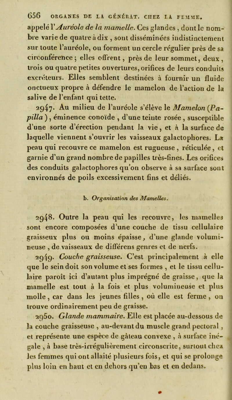 appelé Y Auréole de la mamelle. Ces glandes , dont le nom- bre varie de quatre à dix , sont disséminées indistinctement sur toute l’auréole, ou forment un cercle régulier près de sa circonférence; elles offrent, près de leur sommet, deux, trois ou quatre petites ouvertures, orifices de leurs conduits excréteurs. Elles semblent destinées à fournir un fluide onctueux propre h défendre le mamelon de l’action de la salive de l’enfant qui tette. 2947. Au milieu de l’auréole s’élève le Mamelon (Pa- pilla ) , éminence conoïde , d’une teinte rosée , susceptible d’une sorte d’érection pendant la vie, et à la surface de laquelle viennent s’ouvrir les vaisseaux galactophores. La peau qui recouvre ce mamelon est rugueuse , réticulée, et garnie d’un grand nombre de papilles très-fines. Les orifices des conduits galactophores qu’on observe à sa surface sont environnés de poils excessivement fins et déliés. b. Organisation des Mamelles. 2948. Outre la peau qui les recouvre, les mamelles sont encore composées d’une couche de tissu cellulaire graisseux plus ou moins épaisse, d’une glande volumi- neuse , de vaisseaux de différens genres et de nerfs. 2949. Couche graisseuse. C’est principalement à elle que le sein doit son volume et ses formes , et le tissu cellu- laire paroît ici d’autant plus imprégné de graisse, que la mamelle est tout à la fois et plus volumineuse et plus molle, car dans les jeunes filles , où elle est ferme , on trouve ordinairement peu de graisse. 2950. Glande mammaire. Elle est placée au-dessous de la couche graisseuse , au-devant du muscle grand pectoral , et représente une espèce de gâteau convexe , à surface iné- gale , à base très-irrégulièrement circonscrite, surtout chea les femmes qui ont allaité plusieurs fois, et qui se prolonge plus loin en haut et en dehors qu’eu bas et en dedans.