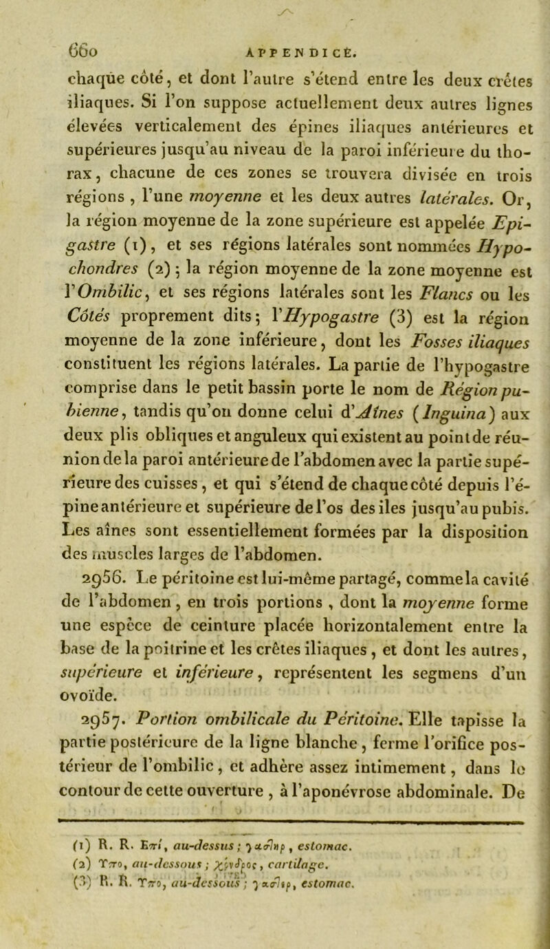 6Ô0 chaque côté, et dont l’autre s’étend entre les deux crêtes iliaques. Si l’on suppose actuellement deux autres lignes élevées verticalement des épines iliaques antérieures et supérieures jusqu’au niveau de la paroi inférieure du tho- rax, chacune de ces zones se trouvera divisée en trois régions , l’une moyenne et les deux autres latérales. Or, la région moyenne de la zone supérieure est appelée Epi- gastre (1), et ses régions latérales sont nommées Iiypo- chondres (2) ; la région moyenne de la zone moyenne est Y Ombilic, et ses régions latérales sont les Flancs ou les Côtés proprement dits; Y Hypogastre (3) est la région moyenne de la zone inférieure, dont les Fosses iliaques constituent les régions latérales. La partie de l’hypogastre comprise dans le petit bassin porte le nom de Région pu- bienne, tandis qu’on donne celui d'Aînés ( lnguina) aux deux plis obliques et anguleux qui existent au point de réu- nion de la paroi antérieure de l’abdomen avec la partie supé- rieure des cuisses , et qui s’étend de chaque côté depuis l’é- pine antérieure et supérieure de l’os desiles jusqu’au pubis. Les aines sont essentiellement formées par la disposition des muscles larges de l’abdomen. 2956. Le péritoine est lui-même partagé, commela cavité de l’abdomen, en trois portions , dont la moyenne forme une espece de ceinture placée horizontalement entre la base de la poitrine et les crêtes iliaques , et dont les autres, supérieure et inférieure, représentent les segtnens d’un ovoïde. 2957. Portion ombilicale du Péritoine. Elle tapisse la partie postérieure de la ligne blanche , ferme l’orifice pos- térieur de l’ombilic , et adhère assez intimement, dans le contour de cette ouverture , à l’aponévrose abdominale. De (1) R. R. Eîti , au-dessus ; •) xâhtp , estomac. (2) Tito, au-dessous ; ZfvJ'f oç, cartilage. (■>) R. R. Ttto, au-dessous ; yxéhp, estomac.