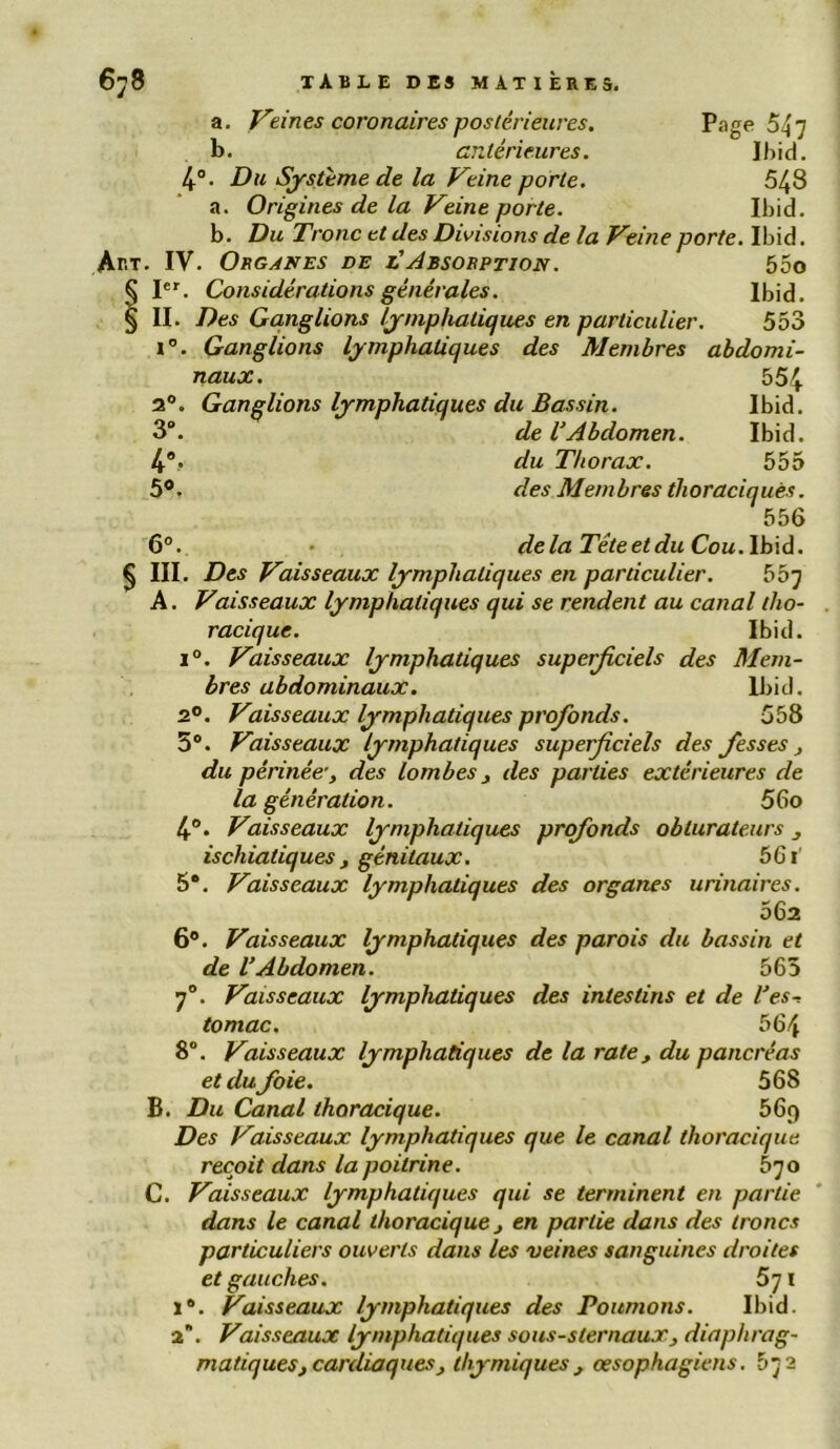 a. Veines coronaires postérieures. Page 547 b. antérieures. Ibid. 4°. Du Système de la Veine porte. 548 a. Origines de la Veine porte. Ibid. b. Du Tronc et des Divisions de la Veine porte. Ibid. Art. IV. Organes de l'Absorption. 55o S Ier. Considérations générales. Ibid. § II. Des Ganglions lymphatiques en particulier. 553 i°. Ganglions lymphatiques des Membres abdomi- naux. 554 2°. Ganglions lymphatiques du Bassin. Ibid. 3°. de l’Abdomen. Ibid. 4°. du Thorax. 555 5°. des Membres thoraciques. 556 6°. delà Tête et du Cou. Ibid. $ III. Des Vaisseaux lymphatiques en particulier. 55j A. Vaisseaux lymphatiques qui se rendent au canal tho- racique. Ibid. i°. Vaisseaux lymphatiques superficiels des Mem- bres abdominaux. Ibid. 2°. Vaisseaux lymphatiques profonds. 558 5°. Vaisseaux lymphatiques superficiels des fesses, du périnée’, des lombes , des parties extérieures de la génération. 56o 48. Vaisseaux lymphatiques profonds obturateurs , ischialiques , génitaux. 561' 5®. Vaisseaux lymphatiques des organes urinaires. 562 6°. Vaisseaux lymphatiques des parois du bassin et de l’Abdomen. 565 7°. Vaisseaux lymphatiques des intestins et de l’es- tomac. 564 8°. Vaisseaux lymphatiques de la rate, du pancréas et du foie. 568 B. Du Canal thoracique. 569 Des Vaisseaux lymphatiques que le canal thoracique reçoit dans la poitrine. 670 C. Vaisseaux lymphatiques qui se terminent en partie dans le canal thoracique, en partie dans des troncs particuliers ouverts dans les veines sanguines droites et gauches. 5^1 1®. Vaisseaux lymphatiques des Poumons. Ibid. 2. Vaisseaux lymphatiques sous-sternaux, diaphrag- matiques, cardiaques, thymiques , œsophagiens. 572