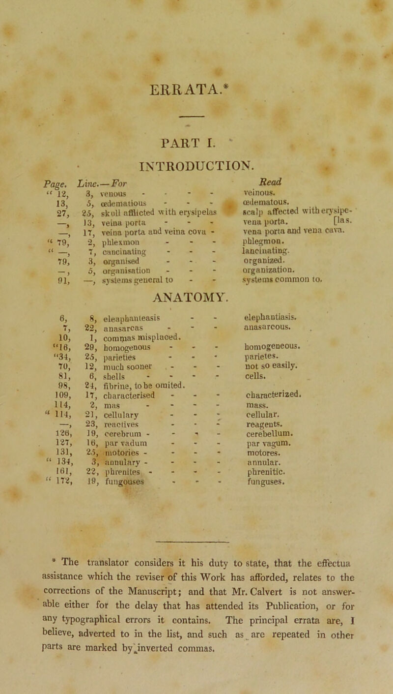 ERRATA.* PART I. INTRODUCTION. Page. Line.—For Read “ 12, 3, venous - veinous. 13, 5, oedematious - - , (Edematous. 27, 25, skull afflicted with erysipelas scalp affected witberysipe- J 13, veina porta - vena porta. [las. 1 17, veina porta and veina cova - vena porta and vena cava. “ T9, 2, phlexmon - phlegmon. a > 7, cancinaling ... lancinating. ”9, 3, organised - organized. > 5, organisation - organization. 91, —, systems general to ANATOMY. systems common to. 6, 8, eleaphanteasis elephantiasis. 7, 22, anasarcas - anasarcous. 10, 1, commas misplaced. “16, 29, homogenous - homogeneous. “34, 25, parieties parietes. 70, 12, much sooner not so easily. 81, 6, shells .... cells. 98, 24, fibrins, tobe omited. 109, 17, characterised - characterized. 114, 2, mas - mass. “ 114, 21, cellulary • cellular. , 23, reactives ... reagents. 126, 19, cerebrum - cerebellum. 127, 16, par vadum ... par vagum. 131, 25, motories - ... motores. “ 134, 3, annulary - annular. 161, 22, phrenites - phrenitic. “ 172, 19, fungouses ... funguses. * The translator considers it his duty to state, that the effectua assistance which the reviser of this Work has afforded, relates to the corrections of the Manuscript; and that Mr. Calvert is not answer- able either for the delay that has attended its Publication, or for any typographical errors it contains. The principal errata are, I believe, adverted to in the list, and such as are repeated in other parts are marked by dnverted commas.