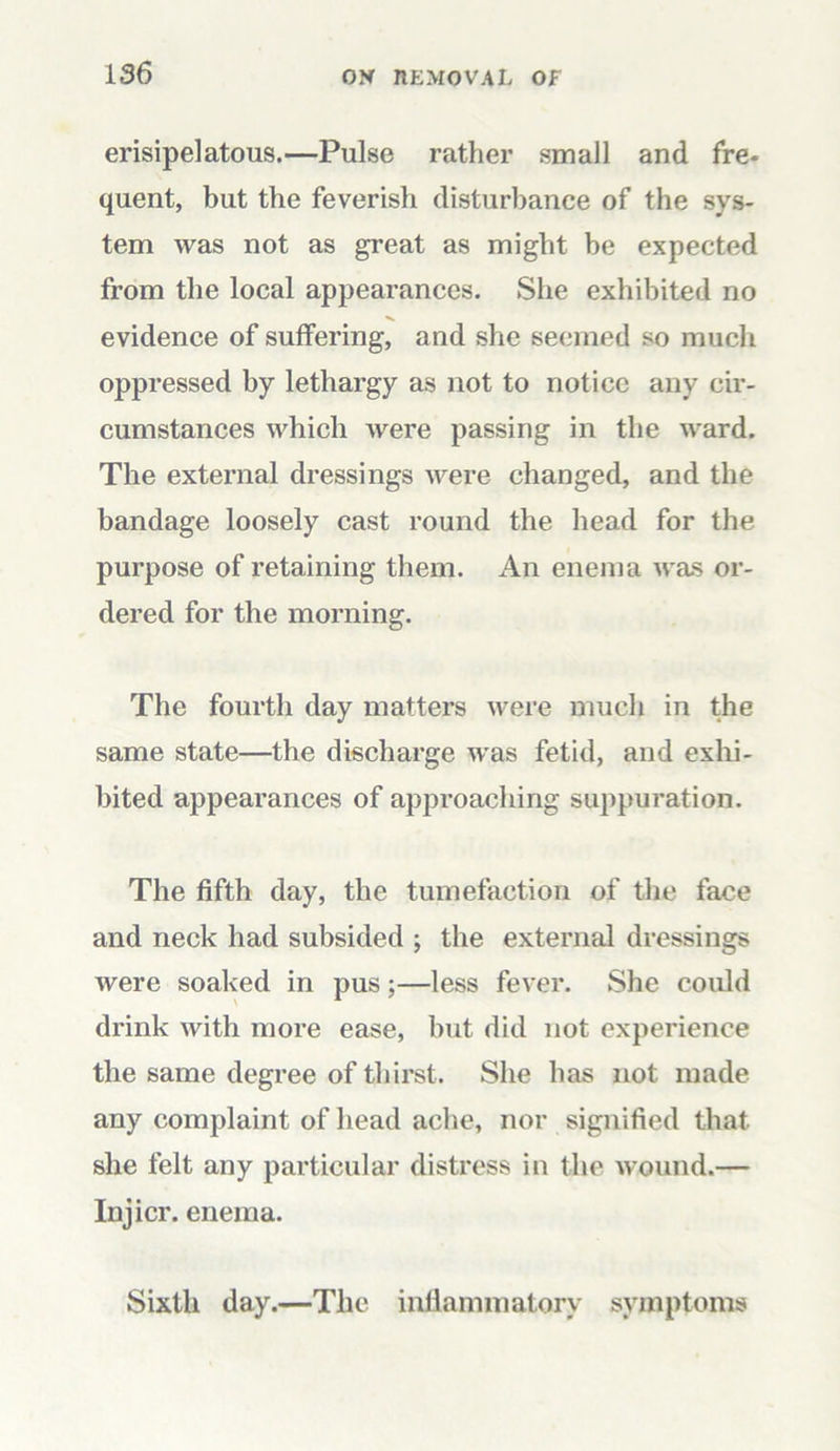 erisipelatous.—Pulse rather small and fre- quent, but the feverish disturbance of the sys- tem was not as great as might be expected from the local appearances. She exhibited no evidence of suffering, and she seemed so much oppressed by lethargy as not to notice any cir- cumstances which Avere passing in the Avard. The external dressings Avere changed, and the bandage loosely cast round the head for the purpose of retaining them. An enema A\'as or- dered for the morning. The fourth day matters were much in the same state—the discharge was fetid, and exhi- bited appearances of approaching suppuration. The fifth day, the tumefaction of the face and neck had subsided ; the external dressings Avere soaked in pus;—less fever. She could drink with more ease, but did not experience the same degree of thirst. She has not made any complaint of head ache, nor signified that she felt any particular distress in the Avound.— Injicr. enema. Sixth day.—The inflammatory symptoms