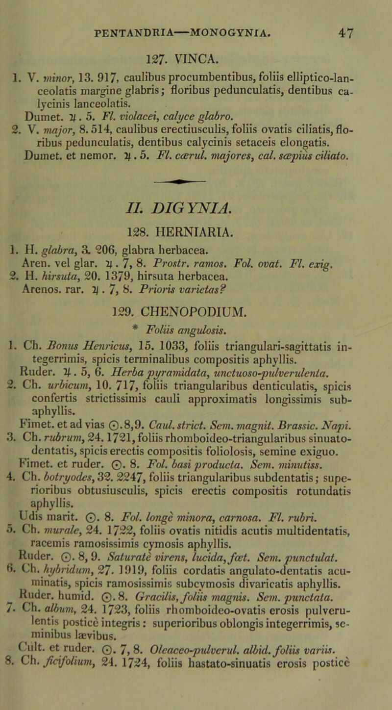 127. VINCA. 1. V. minor, 13. 917, caulibus procumbentibus, foliis elliptico-lan- ceolatis margine glabris; floribus peduncularis, dentibus ca- lycinis lanceolatis. Dumet. H. 5. FI. violacei, calyce glabro. 2. V. major, 8.514, caulibus erectiusculis, foliis ovatis ciliatis, flo- ribus pedunculatis, dentibus calycinis setaceis elongatis. Dumet. et nemor. y. 5. FI. caerul. majores, cal. seepius ciliato. II. DIGYNIA. 128. IIERNIARIA. 1. H. glabra, 3. 206, glabra herbacea. Aren. vel glar. y. 7, 8. Frostr. ramos. Fol. ovat. FI. exig. 2. H. hirsuta, 20. 1379, hirsuta herbacea. Arcnos. rar. y . 7, 8. Prioris varietas? 129. CHENOPODIUM. * Foliis angulosis. 1. Ch. Bonus Henricus, 15. 1033, foliis triangulari-sagittatis in- tegerrimis, spicis terminalibus compositis aphyllis. Ruder. y . 5, 6. Herba pyramidata, unctuoso-pu/verulenla. 2. Ch. urbicum, 10. 717, foliis triangularibus denticulatis, spicis confertis strictissimis cauli approximatis longissimis sub- aphyllis. Fimet. et ad vias ©.8,9. Caul. striet. Sem. magnit. Brassic. Napi. 3. Ch. rubrum, 24.1721, foliis rhomboideo-triangularibus sinuato- dentatis, spicis erectis compositis foliolosis, semine exiguo. Fimet. et ruder. 0. 8. Fol. basi producta. Sem. minutiss. 4. Ch. botryodes, 32. 2247, foliis triangularibus subdentatis; supe- rioribus obtusiusculis, spicis erectis compositis rotundatis aphyllis. Udis marit. 0. 8. Fol. longe minora, carnosa. FI. rubri. 5. Ch. murale, 24. 1722, foliis ovatis nitidis acutis multidentatis, racemis ramosissimis cymosis aphyllis. Ruder. 0. 8, 9. Saturate virens, lucida, fast. Sem. punctulat. 6. Ch. hybridum, 27- 1919, foliis cordatis angulato-dentatis acu- minatis, spicis ramosissimis subcymosis divaricatis aphyllis. Ruder. humid. ©.8. Gracilis, foliis magnis. Sem. punctata. 7. Ch .album, 24. 1723, foliis rhomboideo-o vatis erosis pulveru- lentis postice integris: superioribus oblongis integerrimis, se- minibus laevibus. Cult. et ruder. ©.7,8. Oleacco-pulvcrul. albid. foliis variis. 8. Ch. Jtcifolium, 24. 1724, foliis hastato-sinuatis erosis postice