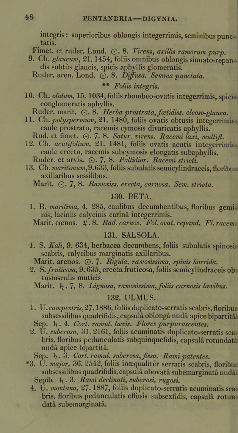 integris: superioribus oblongis integerrimis, seminibus punc- tatis. Fimet. et ruder. Lond. Q. 8. Virens, axillis ramorum purp. 9. Ch. glaucum, 21.1454, foliis omnibus oblongis sinuato-repan- dis subtus glaucis, spicis aphyllis glomeratis. Ruder. aren. Lond. ©. 8. Diffusa. Semina punctula. ** Foliis integris. 10. Ch. olidum, 15.1034, foliis rhombeo-ovatis integerrimis, spicis conglomeratis aphyllis. Ruder. marit. ©. 8. Herba prostrata, fcetidiss. oleoso-glauea. 11. Ch. polyspermum, 21. 1480, foliis ovatis obtusis integerrimis . caule prostrato, racemis cymosis divaricatis aphyllis. Rud. et fimet. ©. 7, 8. Satur. virens. Racemi laxi, mvltifl. 12. Ch. acutifolium, 21. 1481, foliis ovatis acutis integerrimis- caule erecto, racemis subcymosis elongatis subaphyllis. Ruder. et arvis, ©.7, 8. Pallidior. Racemi stricti. 13. Ch. maritimum,9.633, foliis subulatis semicylindraceis, floribu; axillaribus sessilibus. Marit. ©. 7, 8. Ramosiss. erecta, carnosa. Sem. striata. 130. BETA. 1. B. maritima, 4. 285, caulibus decumbentibus, floribus gemi- nis, laciniis calycinis carina integerrimis. Marit. coenos. y. 8. Rad. camos. Fol. ovat, repand. Fl.racem 131. SALSOLA. 1. S. Kali, 9. 634, herbacea decumbens, foliis subulatis spinosi; scabris, calycibus marginatis axillaribus. Marit. arenos. Q. 7- Rigida, ramosissima, spinis horrida. 2. S .fruticosa, 9.635, erecta fruticosa, foliis semicylindraceis ob. tusiusculis muticis. Marit. fi. 7, 8. Lignosa, ramosissima, foliis carnosis laevibus. 132. ULMUS. 1. U.campestris,27.1886, foliis duplicato-serratis scabris, floribu: subsessilibus quadrifidis, capsula oblonga nuda apice bipartita Sep. h . 4. Cort. ramul. /cevis. Flores purpurascentes. 2. U. suberosa, 31. 2161, foliis acuminatis duplicato-serratis sca- bris, floribus pedunculatis subquinquefidis, capsula rotundati nuda apice bipartita. Sep. fi . 3. Cort. ramul. suberosa, fissa. Rami patentes. *3. U. major, 36. 2542, foliis inaequaliter serratis scabris, floribu: subsessilibus quadrifidis, capsula obovata subemarginata nuda Sepib. fi . 3. Rami declinati, suberosi, rugosi. 4. U. montana, 27.1887, foliis duplicato-serratis acuminatis sca bris, floribus pedunculatis effusis subsexfidis, capsula rotun data subemarginata.