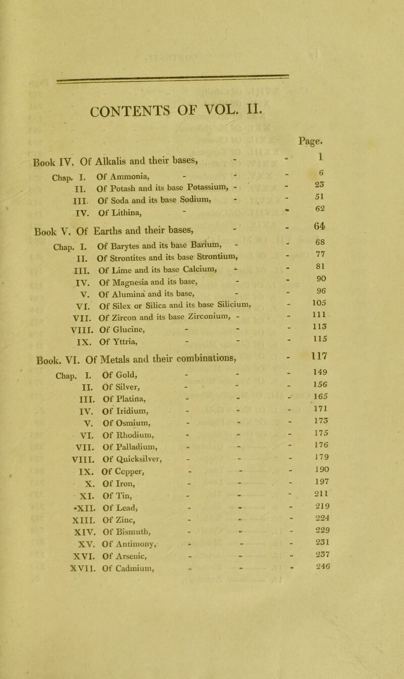 CONTENTS OF VOL. II. Page. Book IV. Of Alkalis and their bases, - - 1 Chap. I. Of Ammonia, II. Of Potash and its base Potassium, - .23 III. Of Soda and its base Sodium, - - 51 IV. Of Lithina, - .62 Book V. Of Earths and their bases, - ' 64 Chap. I. Of Barytes and its base Barium, - - II. Of Strontites and its base Strontium, - III. Of Lime and its base Calcium, - 81 IV. Of Magnesia and its base, - 90 V. Of Alumina and its base, - 96 VI. Of Silex or Silica and its base Silicium, - 105 VII. Of Zircon and its base Zirconium, - - 111 VIII. Of Glucine, - - 113 IX. Of Yttria, - - 115 Book. VI. Of Metals and their combinations, - 117 Chap. I. Of Gold, - - 149 II. Of Silver, - - 156 III. Of Platina, - 165 IV. Of Iridium, - - 171 V. Of Osmium, - - 173 VI. Of Rhodium, - - 175 VII. Of Palladium, - - 176 VIII. Of Quicksilver, _ - 179 IX. Of Copper, - - 190 X. Of Iron, - - 197 XI. Of Tin, - - 211 -XII. Of Lead, - - 219 XIII. Of Zinc, - - 224 XIV. Of Bismuth, - - 229 XV. Of Antimony,- - - 231 XVI. Of Arsenic, - - 237 XVII. Of Cadmium, - 246