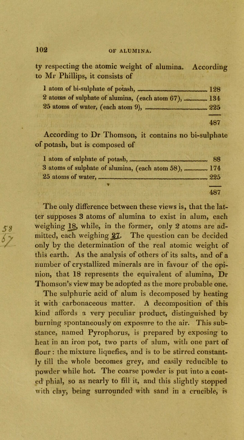 ty respecting the atomic weight of alumina. According to Mr Phillips, it consists of 1 atom of bi-sulphate of potash, 128 2 atoms of sulphate of alumina, (each atom 67), 134 25 atoms of water, (each atom 9), 225 487 According to Dr Thomson, it contains no bi-sulphate of potash, but is composed of 1 atom of sulphate of potash, 88 3 atoms of sulphate of alumina, (each atom 58), 174 25 atoms of water, 225 * 487 The only difference between these views is, that the lat- ter supposes 3 atoms of alumina to exist in alum, each weighing 1_8, while, in the former, only 2 atoms are ad- mitted, each weighing jl. The question can be decided only by the determination of the real atomic weight of this earth. As the analysis of others of its salts, and of a number of crystallized minerals are in favour of the opi- nion, that 18 represents the equivalent of alumina, Dr Thomson’s view may be adopted as the more probable one. The sulphuric acid of alum is decomposed by heating it with carbonaceous matter. A decomposition of this kind affords a very peculiar product, distinguished by burning spontaneously on exposure to the air. This sub- stance, named Pyrophorus, is prepared by exposing to heat in an iron pot, two parts of alum, with one part of flour : the mixture liquefies, and is to be stirred constant- ly till the whole becomes grey, and easily reducible to powder while hot. The coarse powder is put into a coat- ed phial, so as nearly to fill it, and this slightly stopped with clay, being surrounded with sand in a crucible, is