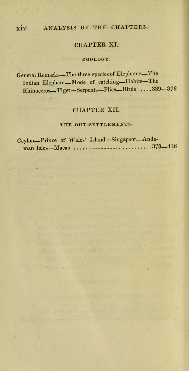 CHAPTER XI. ZOOLOGY. General Remarks—The three species of Elephants—The Indian Elephant—Mode of catching—Habits—The Rhinoceros—Tiger—Serpents—Flies—Birds .. / t CHAPTER XII. THE OUT-SETTLEMENTS. ..339—378 Ceylon Prince of Wales’ Island—Singapoor—Anda- man Isles—Macao 379—416