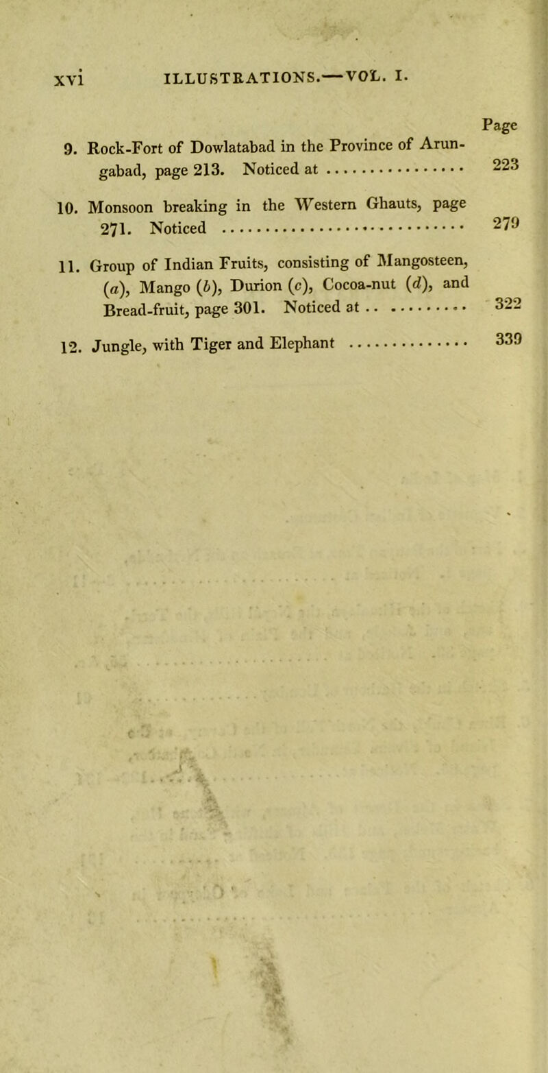 Page 9. Rock-Fort of Dowlatabad in the Province of Arun- gabad, page 213. Noticed at 223 10. Monsoon breaking in the Western Ghauts, page 271. Noticed 279 11. Group of Indian Fruits, consisting of Mangosteen, (a), Mango (b), Durion (c), Cocoa-nut (d), and Bread-fruit, page 301. Noticed at 322 12. Jungle, with Tiger and Elephant 339