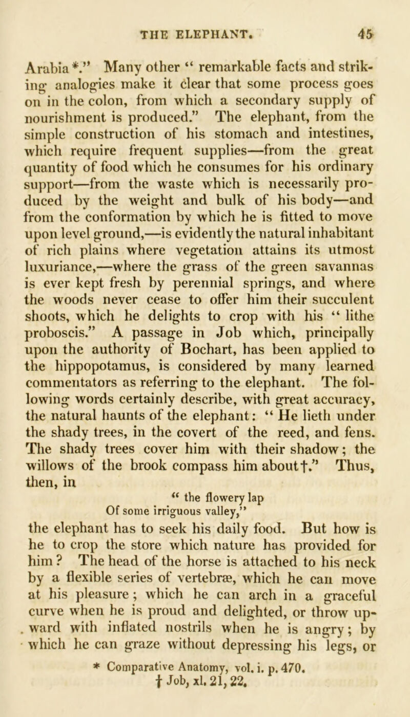 Arabia*.” Many other “ remarkable facts and strik- ing analogies make it clear that some process goes on in the colon, from which a secondary supply of nourishment is produced.” The elephant, from the simple construction of his stomach and intestines, which require frequent supplies—from the great quantity of food which he consumes for his ordinary support—from the waste which is necessarily pro- duced by the weight and bulk of his body—and from the conformation by which he is fitted to move upon level ground,—is evidently the natural inhabitant of rich plains where vegetation attains its utmost luxuriance,—where the grass of the green savannas is ever kept fresh by perennial springs, and where the woods never cease to offer him their succulent shoots, which he delights to crop with his “ lithe proboscis.” A passage in Job which, principally upon the authority of Bochart, has been applied to the hippopotamus, is considered by many learned commentators as referring to the elephant. The fol- lowing words certainly describe, with great accuracy, the natural haunts of the elephant: “ He lieth under the shady trees, in the covert of the reed, and fens. The shady trees cover him with their shadow; the willows of the brook compass him about t.” Thus, then, in “ the flowery lap Of some irriguous valley,” the elephant has to seek his daily food. But how is he to crop the store which nature has provided for him ? The head of the horse is attached to his neck by a flexible series of vertebrae, which he can move at his pleasure; which he can arch in a graceful curve when he is proud and delighted, or throw up- . ward with inflated nostrils when he is angry; by which he can graze without depressing his legs, or * Comparative Anatomy, vol. i. p. 470. f Job, xl. 21,22.