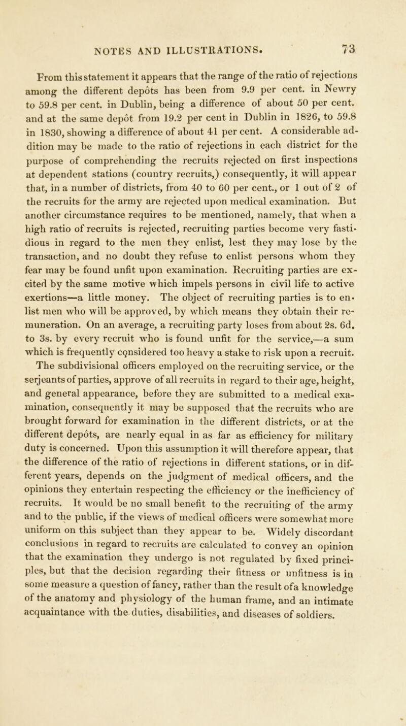 From this statement it appears that the range of the ratio of rejections among the different depots has been from 9.9 per cent, in Newry to 59.8 per cent, in Dublin, being a difference of about 50 per cent, and at the same depot from 19.2 per cent in Dublin in 1826, to 59.8 in 1830, showing a difference of about 41 per cent. A considerable ad- dition may be made to the ratio of rejections in each district for the purpose of comprehending the recruits rejected on first inspections at dependent stations (country recruits,) consequently, it will appear that, in a number of districts, from 40 to 60 per cent., or 1 out of 2 of the recruits for the army are rejected upon medical examination. But another circumstance requires to be mentioned, namely, that when a high ratio of recruits is rejected, recruiting parties become very fasti* dious in regard to the men they enlist, lest they may lose by the transaction, and no doubt they refuse to enlist persons whom they fear may be found unfit upon examination. Recruiting parties are ex- cited by the same motive which impels persons in civil life to active exertions—a little money. The object of recruiting parties is to en- list men who will be approved, by which means they obtain their re- muneration. On an average, a recruiting party loses from about 2s. 6d. to 3s. by every recruit who is found unfit for the service,—a sum which is frequently cQnsidered too heavy a stake to risk upon a recruit. The subdivisional officers employed on the recruiting service, or the serjeants of parties, approve of all recruits in regard to their age, height, and general appearance, before they are submitted to a medical exa- mination, consequently it may be supposed that the recruits who are brought forward for examination in the different districts, or at the different depots, are nearly equal in as far as efficiency for military duty is concerned. Upon this assumption it will therefore appear, that the difference of the ratio of rejections in different stations, or in dif- ferent years, depends on the judgment of medical officers, and the opinions they entertain respecting the efficiency or the inefficiency of recruits. It would be no small benefit to the recruiting of the army and to the public, if the views of medical officers were somewhat more uniform on this subject than they appear to be. Widely discordant conclusions in regard to recruits are calculated to convey an opinion that the examination they undergo is not regulated by fixed princi- ples, but that the decision regarding their fitness or unfitness is in some measure a question of fancy, rather than the result ofa knowledge of the anatomy and physiology of the human frame, and an intimate acquaintance with the duties, disabilities, and diseases of soldiers.