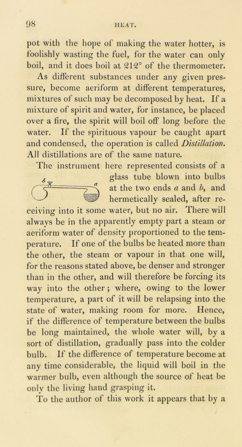 pot with the liope of making the water hotter, is foolishly wasting the fuel, for the water can only boil, and it does boil at 212° of the thermometer. As different substances under any given pres- sure, become aeriform at different temperatures, mixtures of such may be decomposed by heat. If a mixture of spirit and water, for instance, be placed over a fire, the spirit will boil off long before the water. If the spirituous vapour be caught apart and condensed, the operation is called Distillation, All distillations are of the same nature. The instrument here represented consists of a ceiviniT into it some water, but no air. There will always be in the apparently empty part a steam or aeriform water of density proportioned to the tem- perature. If one of the bulbs be heated more than the other, the steam or vapour in that one will, for the reasons stated above, be denser and stronger than in the other, and will therefore be forcing its way into the other; where, owing to the lower temperature, a part of it will be relapsing into the state of water, making room for more. Hence, if the difference of temperature between the bulbs be long maintained, the whole water will, by a sort of distillation, gradually pass into the colder bulb. If the difference of temperature become at any time considerable, the liquid will boil in the warmer bulb, even although the source of heat be only the living hand grasping it. To the author of this work it appears that by a glass tube blown into bulbs at the two ends a and h, and hermetically sealed, after re-