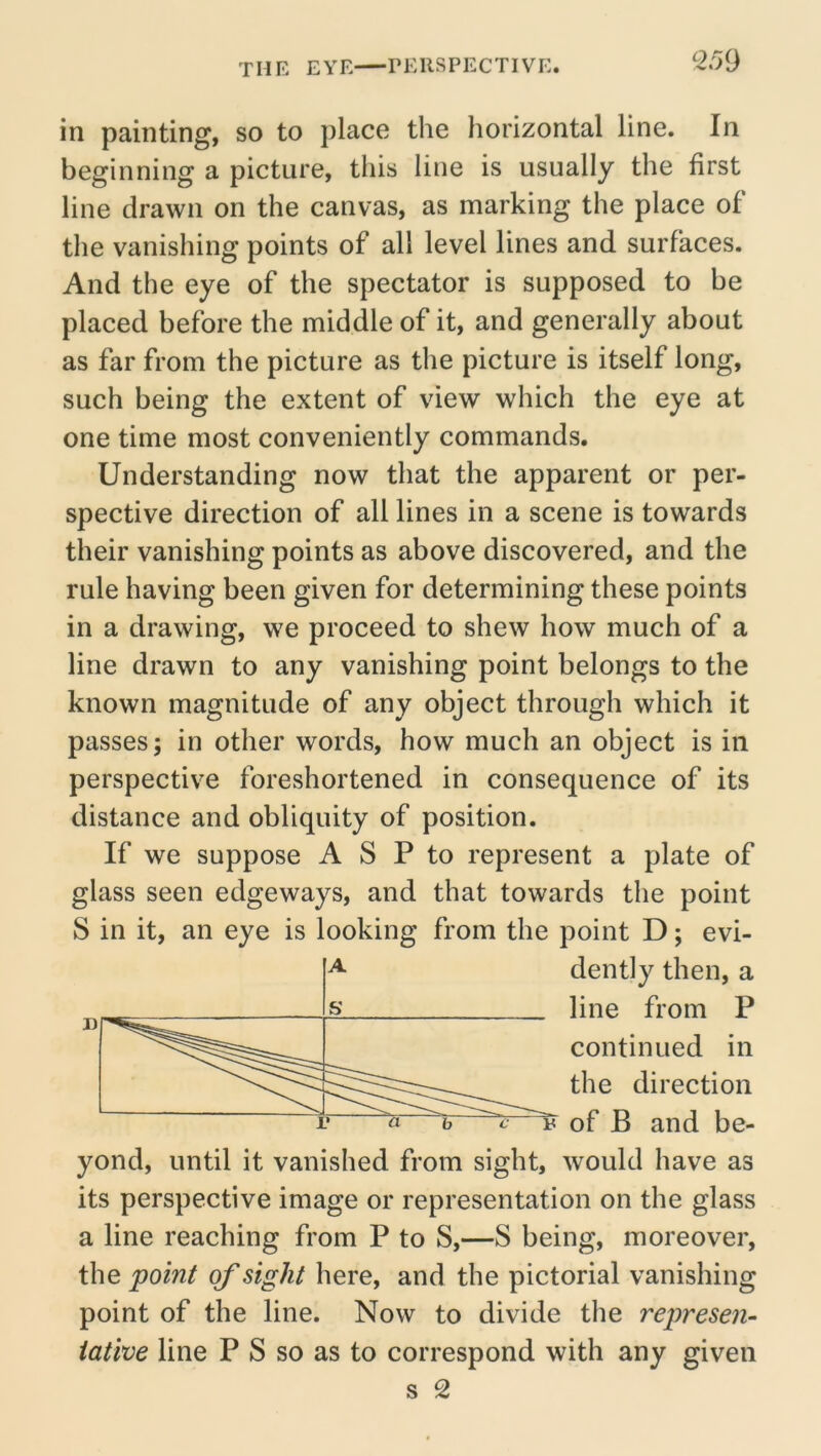 ^259 in painting, so to place the horizontal line. In beginning a picture, this line is usually the first line drawn on the canvas, as marking the place of the vanishing points of all level lines and surfaces. And the eye of the spectator is supposed to be placed before the middle of it, and generally about as far from the picture as the picture is itself long, such being the extent of view which the eye at one time most conveniently commands. Understanding now that the apparent or per- spective direction of all lines in a scene is towards their vanishing points as above discovered, and the rule having been given for determining these points in a drawing, we proceed to shew how much of a line drawn to any vanishing point belongs to the known magnitude of any object through which it passes; in other words, how much an object is in perspective foreshortened in consequence of its distance and obliquity of position. If we suppose A S P to represent a plate of glass seen edgeways, and that towards the point S in it, an eye is looking from the point D; evi- yond, until it vanished from sight, would have as its perspective image or representation on the glass a line reaching from P to S,—S being, moreover, the point of sight here, and the pictorial vanishing point of the line. Now to divide the represen- tative line P S so as to correspond with any given s 2