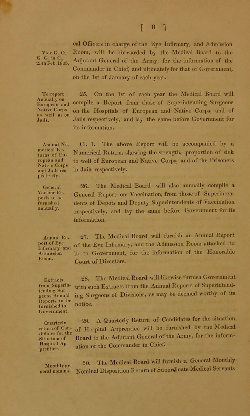 ] Vide G. O. G G. in C., 25th Feb. 1825. To report Annually on European and Native Corps as well as on Jails. Annual Nu- merical Re- turns of Eu- ropean and Native Corps and Jails res- pectively. General Vaccine Re- ports to be furnished annually. Annual Re- port of Eye infirmary and Admission Room. Extracts from Superin- tending' Sur- geons Annual Reports to be furnished to Government. Quarterly return of Can- didates for the Situation of Hospital Ap- prentice. Monthly ge- neral nominal [ 8 cal Officers in charge of the Eye Infirmary, and Admission Room, will be forwarded by the Medical Board to the Adjutant General of the Army, for the information of the Commander in Chief, and ultimately for that of Government, on the 1st of January of each year. 25. On the 1st of each year the Medical Board will compile a Report from those of Superintending Surgeons on the Hospitals of European and Native Corps, and of Jails respectively, and lay the same before Government for its information. Cl. 1. The above Report will be accompanied by a Numerical Return, shewing the strength, proportion of sick to well of European and Native Corps, and of the Prisoners in Jails respectively. 26. The Medical Board will also annually compile a General Report on Vaccination, from those of Superinten- dents of Depots and Deputy Superintendents of Vaccination respectively, and lay the same before Government lor its information. 27. The Medical Board will furnish an Annual Report of the Eye Infirmary, and the Admission Room attached to it, to Government, for the information of the Honorable Court of Directors. 28. The Medical Board will likewise furnish Government with such Extracts from the Annual Reports of Superintend- ing Surgeons of Divisions, as may be deemed worthy of its notice. 29. A Quarterly Return of Candidates lor the situation, of Hospital Apprentice will be furnished by the Medical Board to the Adjutant General of the Army, for the inform- ation of the Commander in Chief. 30. The Medical Board will furnish a General Monthly Nominal Disposition Return of Subordinate Medical Seivants