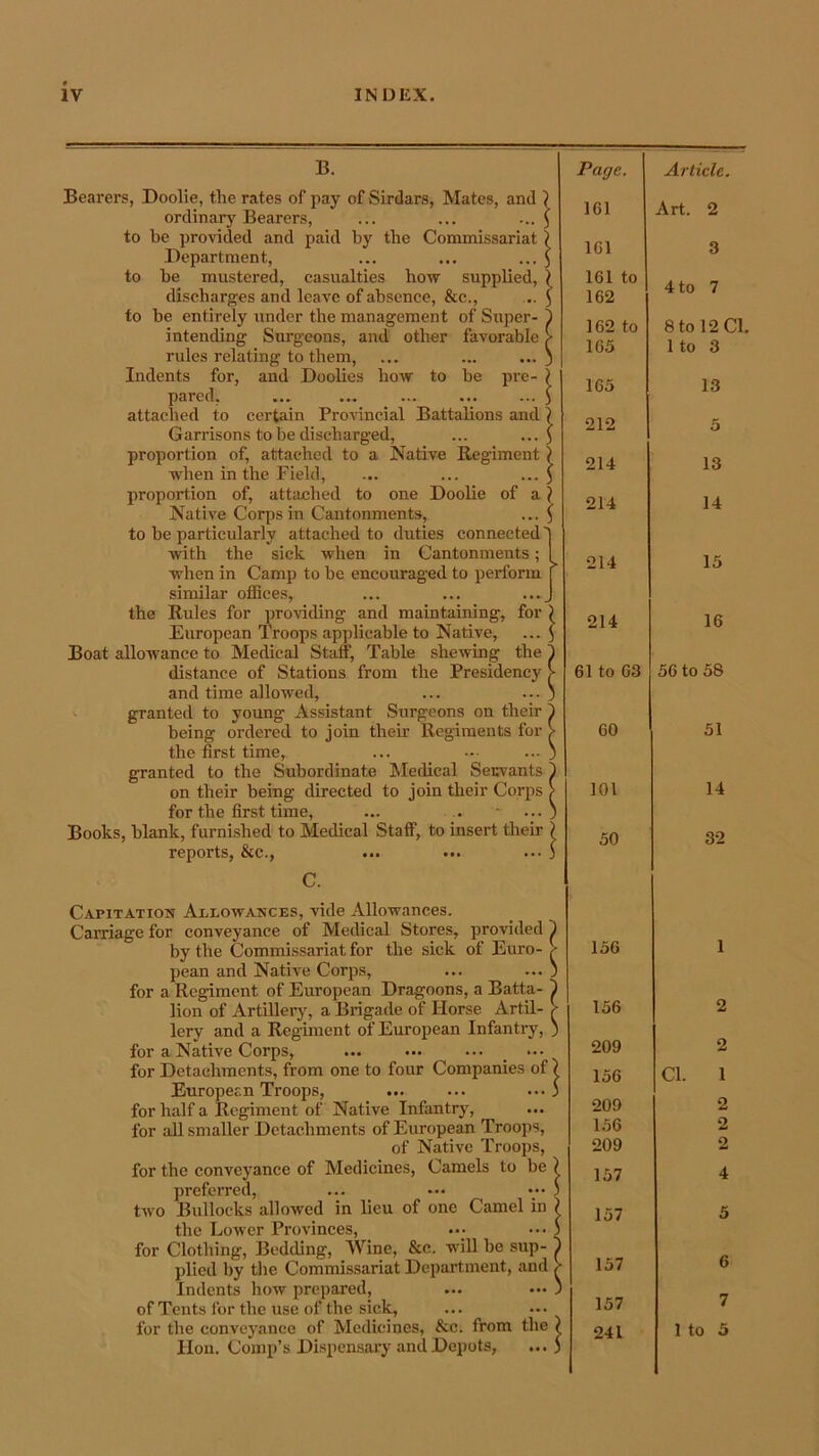 for | 13. Bearers, Doolie, the rates of pay of Sirdars, Mates, and } ordinary Bearers, ... ... ... 5 to he provided and paid by the Commissariat) Department, ... ... ... j to be mustered, casualties how supplied, ) discharges and leave of absence, &c., ... $ to be entirely under the management of Super- 1 intending Surgeons, and other favorable > rules relating to them, ... ... ... ) Indents for, and Doolies how to be pre- } pared, ... ... ... ... ... j attached to certain Provincial Battalions and } Garrisons to be discharged, ... ... ) proportion of, attached to a Native Regiment) when in the Field, ... ... ... J proportion of, attached to one Doolie of a) Native Corps in Cantonments, ... j to be particularly attached to duties connected' with the sick when in Cantonments; when in Camp to be encouraged to perform similar offices, the Rules for providing and maintaining, for European Troops applicable to Native, Boat allowance to Medical Staff, Table shewing the distance of Stations from the Presidency and time allowed, granted to young Assistant Surgeons on their being ordered to join their- Regiments for the first time, granted to the Subordinate Medical Servants on their being directed to join their Corps for the first time, ... . - ... Books, blank, furnished to Medical Staff, to insert their reports, &c., C. Capitation Allowances, vide Allowances. Carnage for conveyance of Medical Stores, provided by the Commissariat for the sick of Euro- pean and Native Corps, for a Regiment of European Dragoons, a Batta- lion of Artillery, a Brigade of Horse Artil- r lery and a Regiment of European Infantry, ) for a Native Corps, _ • •• for Detachments, from one to four Companies of } European Troops, ... ... ••• 5 for half a Regiment of Native Infantry, for all smaller Detachments of European Troops, of Native Troops, for the conveyance of Medicines, Camels to be ? preferred, ... — • ••• ) two Bullocks allowed in lieu of one Camel in £ the Lower Provinces, ••• ••• ) for Clothing, Bedding, Wine, &c. will be sup- I plied by the Commissariat Department, and > Indents how prepared, ... ••• 3 of Tents for the use of the sick, for the conveyance of Medicines, &c. from the J lion. Comp’s Dispensary and Depots, ... 5 Page. Article. 161 Art. 2 161 3 161 to 162 4 to 7 162 to 165 8 to 12 Cl 1 to 3 165 13 212 5 214 13 214 14 214 15 214 16 61 to 63 56 to 58 60 51 101 14 50 32 156 156 209 156 209 156 209 157 157 157 157 241 2 Cl. 1 4 5 6 7 1 to 5 lO to to