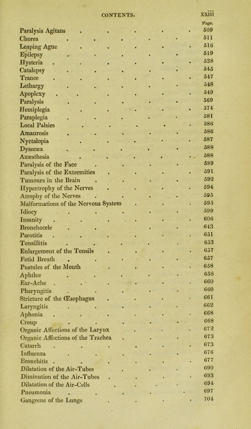 Page. Paralysis Agitans . 509 Chorea . . . • • 511 Leaping Ague . . . • .516 Epilepsy 519 Hysteria 538 Catalepsy . . . . • 545 Trance . . . . • 547 Lethargy ..... • 548 Apoplexy . . .... 549 Paralysis . 569 Hemiplegia . 574 Paraplegia . . . • • 581 Local Palsies ..... 586 Amaurosis ..... 586 Nyctalopia ... - 587 Dysecaea . » . » 588 Anaesthesia . . • • . _ 588 Paralysis of the Face .... 589 Paralysis of the Extremities . . . .591 Tumours in the Brain .... 592 Hypertrophy of the Nerves .... 594 Atrophy of the Nerves . . ... 595 Malformations of the Nervous System . . . 595 Idiocy ..... 599 Insanity ...... 606 Bronchocele . . , . 643 Parotitis . . . . • .651 Tonsillitis ..... 653 Enlargement of the Tonsils .... 657 Fetid Breath . . • • * 657 Pustules of the Mouth .... 658 Aphthae ..... 658 Ear-Ache . . ‘ . • • • 660 Pharyngitis ..... 660 Stricture of the (Esophagus . 661 Laryngitis ..... 662 Aphonia .... • 668 Croup . . • • • 668 Organic Affections of the Larynx . • .672 Organic Affections of the Trachea . . • 673 Catarrh ...... 673 Influenza . . . • * 676 Bronchitis ...... 677 Dilatation of the Air-Tubes . . • 690 Diminution of the Air-Tubes . 693 Dilatation of the Air-Cells . 694 Pneumonia .... • 697 Gangrene of the Lungs ... 704