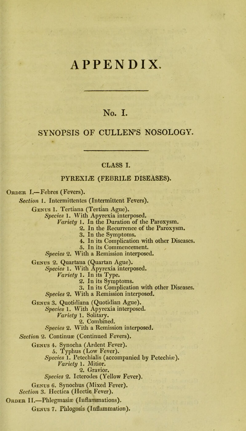 APPENDIX No. I. SYNOPSIS OF CULLEN’S NOSOLOGY. CLASS I. PYREXIiE (FEBRILE DISEASES). Order I.—Febres (Fevers). Section I. Intermittentes (Intermittent Fevers). Genus 1. Tertiana (Tertian Ague). Species 1. With Apyrexia interposed. Variety 1. In the Duration of the Paroxysm. 2. In the Recurrence of the Paroxysm. 3. In the Symptoms. 4. In its Complication with other Diseases. 5. In its Commencement. Species 2. With a Remission interposed. Genus 2. Quartana (Quartan Ague). Species 1. With Apyrexia interposed. Variety 1. In its Type. 2. In its Symptoms. 3. In its Complication with other Diseases. Species 2. With a Remission interposed. Genus 3. Quotidiana (Quotidian Ague). Species 1. With Apyrexia interposed. Variety 1. Solitary. 2. Combined. Species 2. With a Remission interposed. Section 2. Continue (Continued Fevers). Genus 4. Synocha (Ardent Fever). A. Typhus (Low Fever). Species 1. Petechialis (accompanied by Petechia;). Variety 1. Mitior. 2. Gravior. Species 2. Icterodes (Yellow Fever). Genus 6. Synochus (Mixed Fever). Section 3. Hectica (Hectic Fever). Order II.—Phlegmasia; (Inflammations).