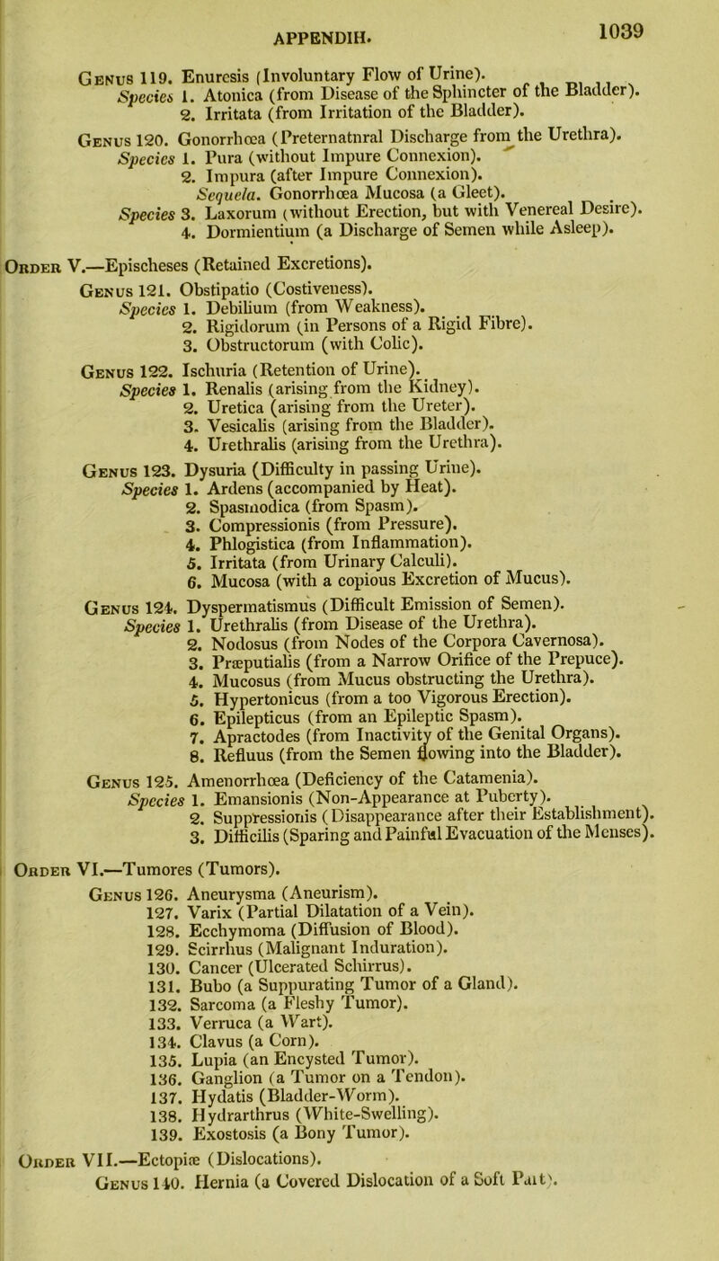 Genus 119. Enuresis (Involuntary Flow of Urine). Species 1. Atonica (from Disease of the Sphincter of the Bladder). 2. Irritata (from Irritation of the Bladder). Genus 120. Gonorrhoea (Preternatural Discharge from the Urethra). Species 1. Pura (without Impure Connexion). 2. Impura (after Impure Connexion). Sequela. Gonorrhoea Mucosa (a Gleet). Species 3. Laxorum (without Erection, but with Venereal Desire). 4. Dormientium (a Discharge of Semen while Asleep). Order V.—Epischeses (Retained Excretions). Genus 121. Obstipatio (Costiveness). Species 1. Debilium (from Weakness). 2. Rigidorum (in Persons of a Rigid Fibre). 3. Obstructorum (with Colic). Genus 122. Ischuria (Retention of Urine). _ Species 1. Renalis (arising from the Kidney). 2. Uretica (arising from the Ureter). 3- Vesicalis (arising from the Bladder). 4. Urethralis (arising from the Urethra). Genus 123. Dysuria (Difficulty in passing Urine). Species 1. Ardens (accompanied by Heat). 2. Spasmodica (from Spasm). 3. Compressionis (from Pressure). 4. Phlogistica (from Inflammation). 5. Irritata (from Urinary Calculi). 6. Mucosa (with a copious Excretion of Mucus). Genus 124. Dyspermatismus (Difficult Emission of Semen). Species 1. Urethralis (from Disease of the Urethra). 2. Nodosus (from Nodes of the Corpora Cavernosa). 3. Prteputialis (from a Narrow Orifice of the Prepuce). 4. Mucosus (from Mucus obstructing the Urethra). 5. Hypertonicus (from a too Vigorous Erection). 6. Epilepticus (from an Epileptic Spasm). 7. Apractodes (from Inactivity of the Genital Organs). 8. Refluus (from the Semen flowing into the Bladder). Genus 125. Amenorrhoea (Deficiency of the Catamenia). Species 1. Emansionis (Non-Appearance at Puberty ). 2. Suppfessionis (Disappearance after their Establishment) 3. Difficilis (Sparing and Painful Evacuation of the Menses) Order VI.—Tumores (Tumors). Genus 126. Aneurysma (Aneurism). 127. Varix (Partial Dilatation of a Vein). 128. Ecchymoma (Diffusion of Blood). 129. Scirrhus (Malignant Induration). 130. Cancer (Ulcerated Schirrus). 131. Bubo (a Suppurating Tumor of a Gland). 132. Sarcoma (a Flesby Tumor). 133. Verruca (a Wart). 134. Clavus (a Corn). 135. Lupia (an Encysted Tumor). 136. Ganglion (a Tumor on a Tendon). 137. Hydatis (Bladder-Worm). 138. Hydrarthrus (White-Swelling). 139. Exostosis (a Bony Tumor). Order VII.—Ectopite (Dislocations). Genus 140. Hernia (a Covered Dislocation of a Soft Pait).