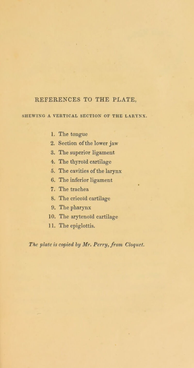 REFERENCES TO THE PLATE, SHEWING A VERTICAL SECTION OF THE LARYNX. 1. The tongue 2. Section of the lower jaw 3. The superior ligament 4. The thyroid cartilage 5. The cavities of the larynx 6. The inferior ligament 7. The trachea 8. The cricoid cartilage 9. The pharynx 10. The arytenoid cartilage 11. The epiglottis. The plate is copied by Mr. Perry, from Cloquet.