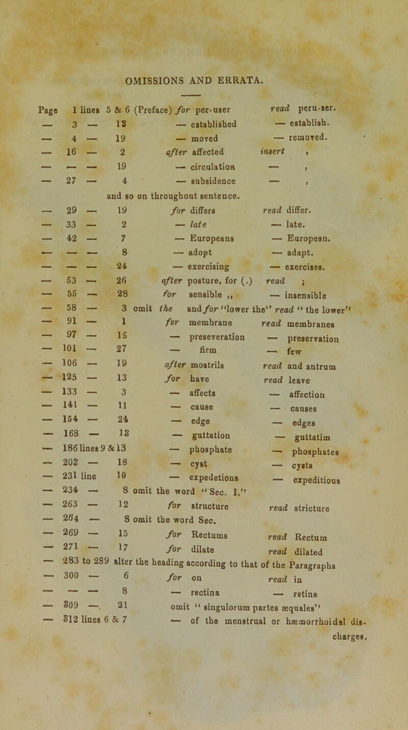 OMISSIONS AND ERRATA, Page 1 lines 5 & 6 (Preface) for per-user read peru-ser. — 3 — 18 — established — establish. — 4 — 19 — moved — removed. — 16 — 2 after affected imert , — — — 19 — circulation ““ » — 27 — 4 — subsidence » and BO on throughout sentence. — 29 — 19 for differs read differ. — 33 — 2 — late — late. — 42 — 7 — Europeans — European. — — — 8 — adopt — adapt. — — — 24 — exercising — exercises. — 53 — 26 after posture, for (.) read ; — 5S — 28 for sensible ,, — insensible — 58 — 3 omit the and/or “lower the” read “ the lower' — 91 — 1 for membrane read membranes — 97 — IS — preseveration — preservation — 101 — 27 — firm — few — 106 — 19 after mostrils read and antrum — 125 — 13 for have read leave — 133 — 3 — affects — affection — 141 — 11 — cause — causes — 154 — 24 — edge — edges — 168 — 18 — guttation — guttatim — 186 lines 9 &13 — phosphate —• phosphates — 203 — 18 — cyst — cysts — 231 line 10 — expedetions — expeditious — 234 — 8 omit the word “ Sec. I. — 263 — 12 for structure read stricture — 264 — 8 omit the word Sec. — 269 — 15 for Rectums read Rectum —• 271 — 17 for dilate read dilated — 283 to 289 alter the heading according to that of the Paragraphs — 300 — 6 for on read in — — — 8 — rectina — retina — 809 21 omit “ singulorum partes eequales’’ •— 812 lines 6 & 7 — of the menstrual or heemorrhoidal charge!.